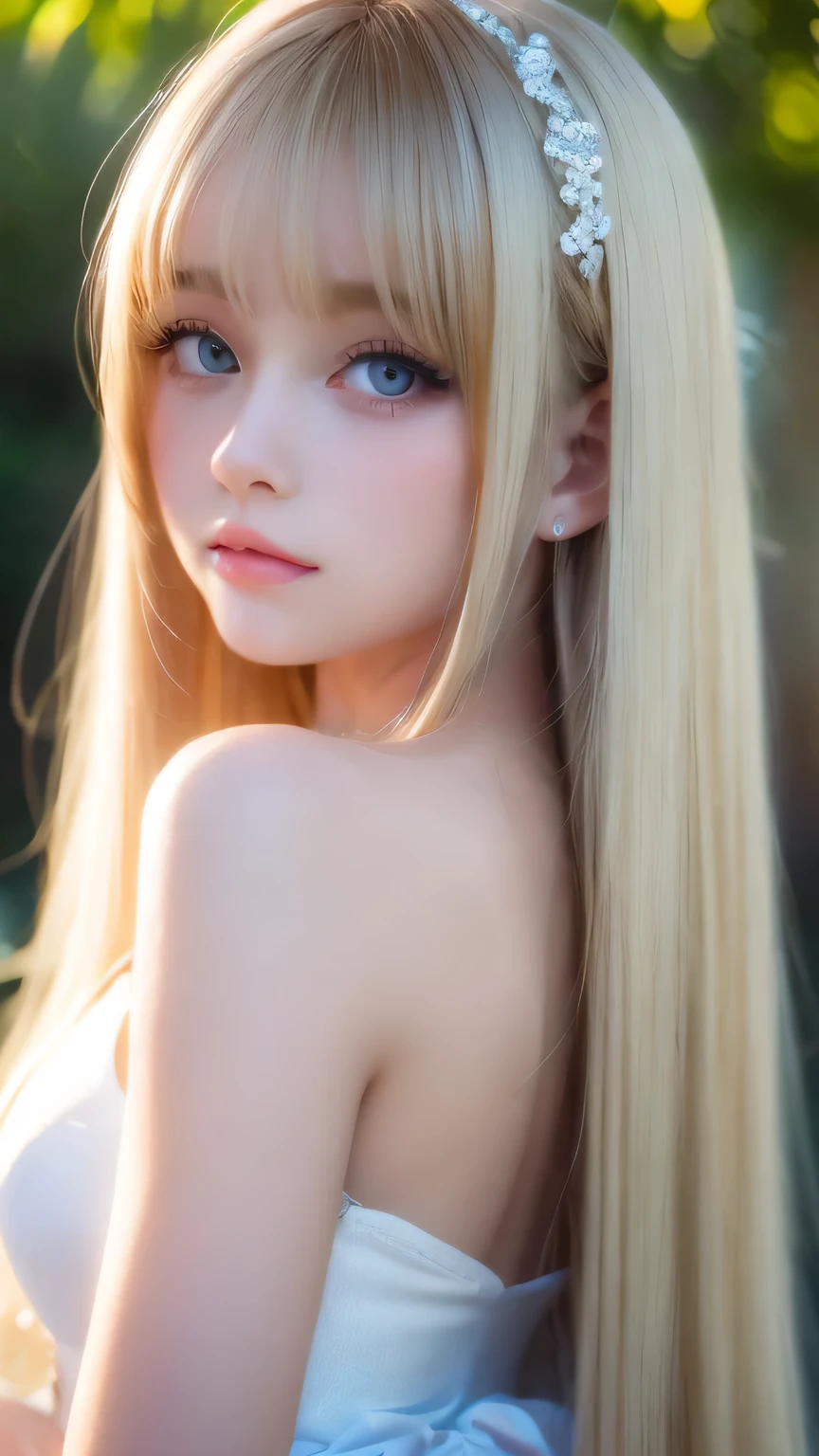 shiny transparent white skin、Windy hair gets in the way of her pretty face、Colossal、Cute little beautiful face of 14 years old、Beautiful super long straight blonde hair、Large, bright, light blue eyes that sparkle beautifully、long silky bangs that cover cute eyes, Sexy Face Hide Hair Super Long Hair Sexy Cute Young Woman Long Natural Blonde Shiny Shiny Hair、cheek highlights、small face beauty、