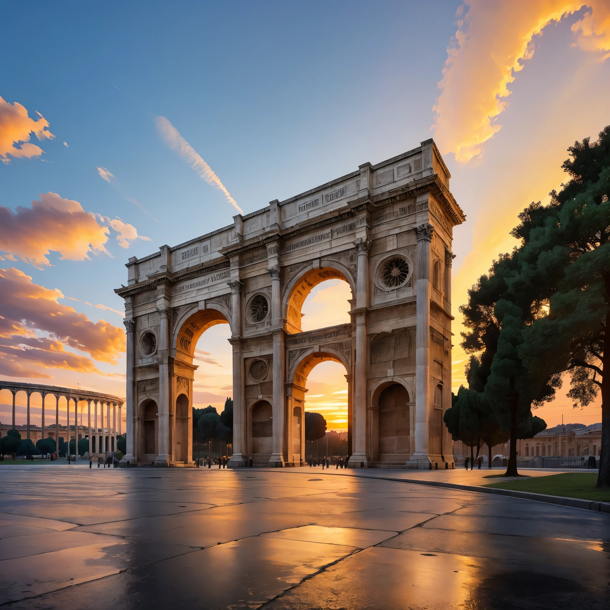 arch of constantine, concrete floor, trees around, a roman coliseum in the background, roman architecture, sunset, with the sunset light giving golden illumination to the place,HDR, ultra resolution, well defined, masterpiece, 8K HD.
