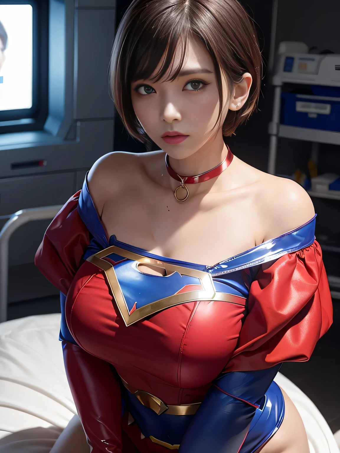 masterpiece、Enamel Supergirl Costume、Short Hair、Hospital operating table、Crisis situation、Big and ample breasts、looking at the camera、Shiny、Off the shoulder、choker、Long sleeve、exy poses to seduce、Sweaty、Model Body Type、Alluring、charm、Enchanting、Abused、test subject、victim、Wild、Photorealistic、latex、Pointing forward、