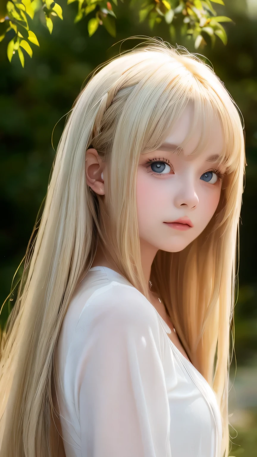shiny transparent white skin、Windy hair gets in the way of her pretty face、Colossal、Cute little beautiful face of 14 years old、Beautiful super long straight blonde hair、Large, bright, light blue eyes that sparkle beautifully、long silky bangs that cover cute eyes, Sexy Face Hide Hair Super Long Hair Sexy Cute Young Woman Long Natural Blonde Shiny Shiny Hair、cheek highlights、small face beauty、
