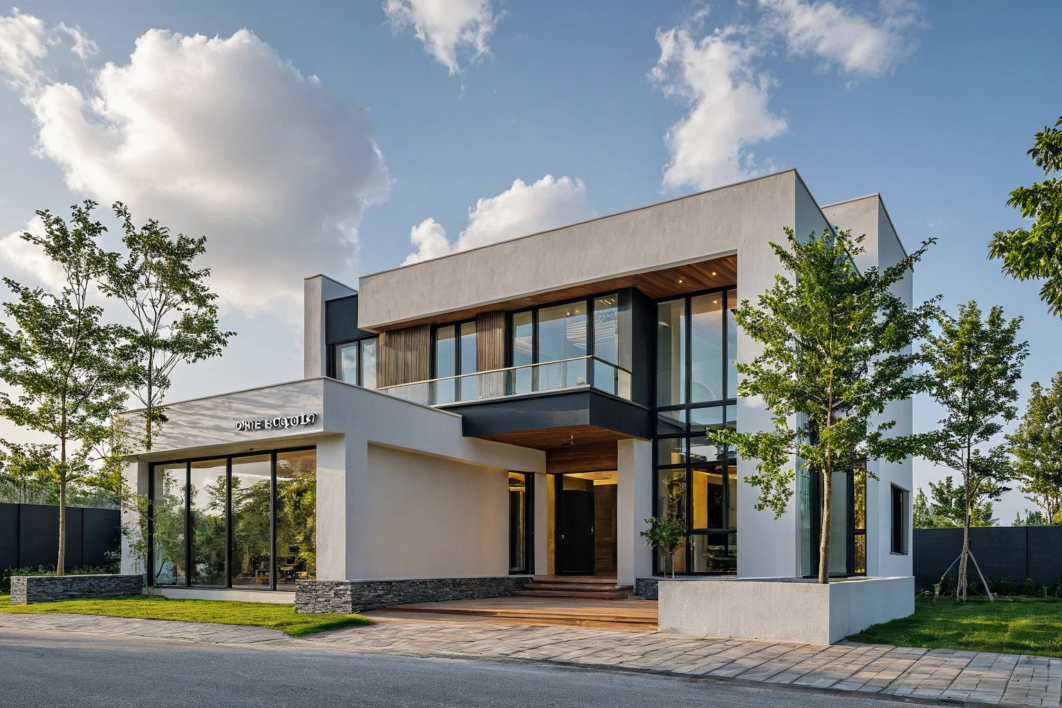 Masterpiece, high quality, best quality, authentic, super detail, outdoors, onestoreyvillaXL, aiaigroup, house style modern on the street ,stairs, white wall ,road,pavement, grass, trees, sky, cloud, (daylight:1.1)