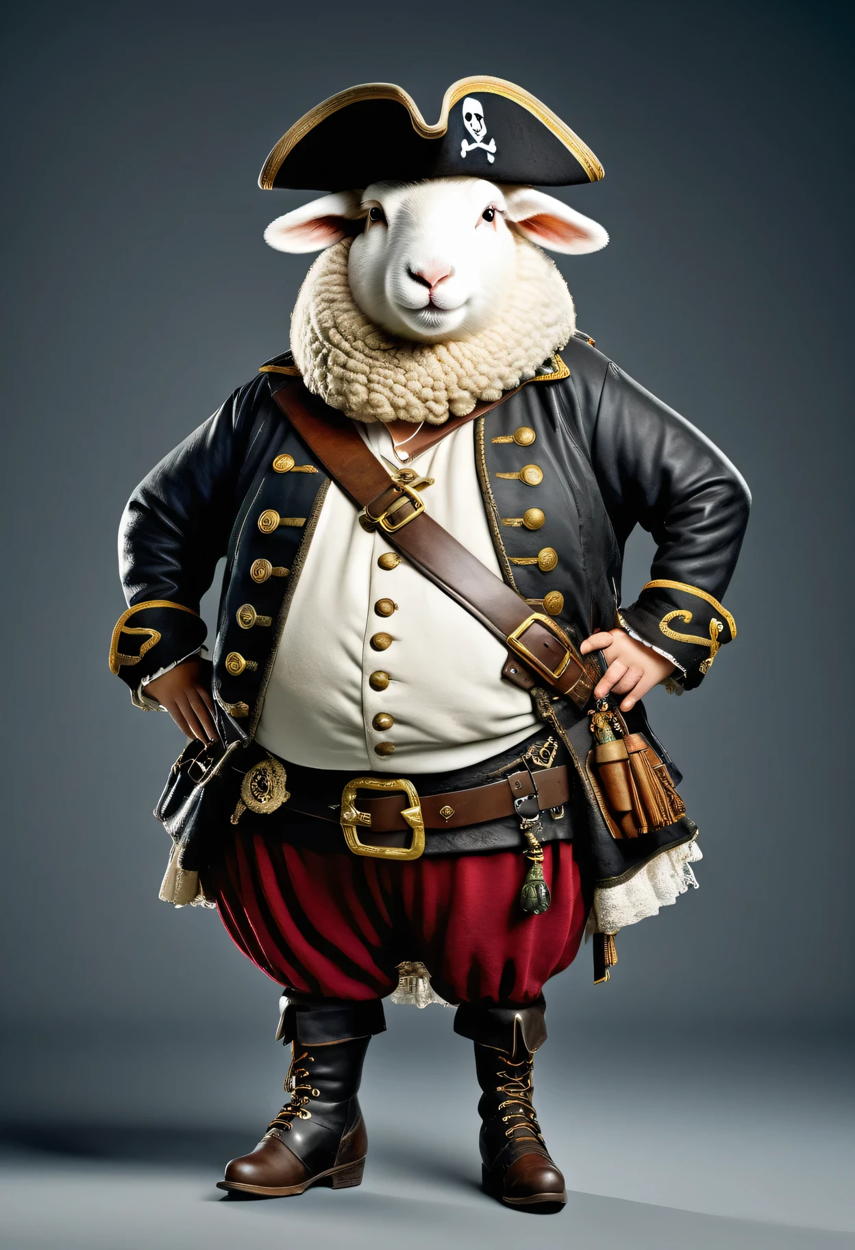 photorealistic portrait of Dressed animals - a ((fat)) sheep pirate,(hands on hips:1.2),(), high quality,(lovely) ,intricate details, highly detailed (( pirate costume)), wearing pirate hat and boots , highly detailed pirate equipment , (happy), studio lighting,(flurry),(simple background)