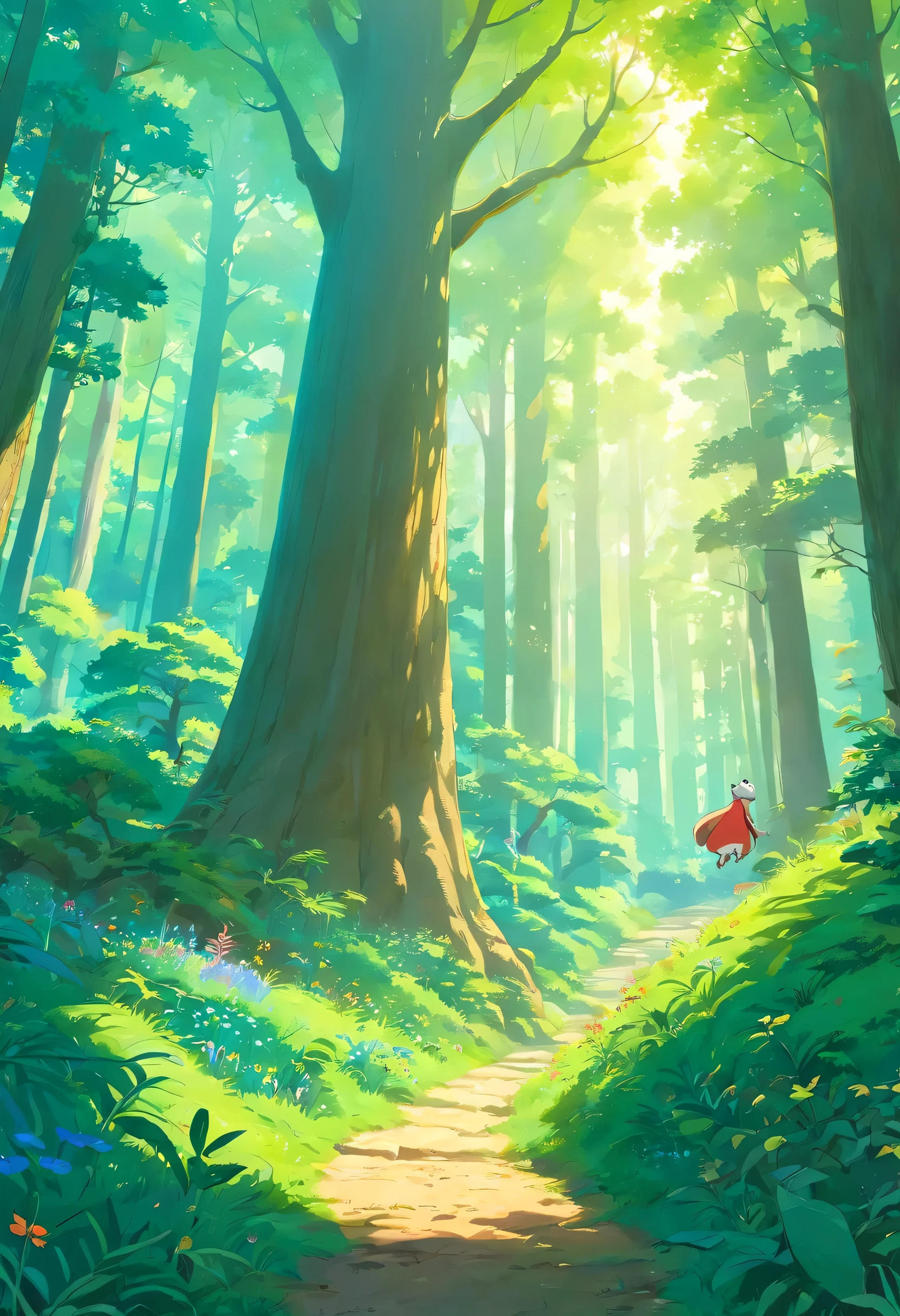 a sunlit forest with a diversity of trees, como robles y pinos, y un cielo azul claro. The forest floor should be dotted with small bushes and flowers.. En el fondo, include small animals such as rabbits, aves, y ardillas en sus actividades naturales, like searching for food or perching on tree branches. The general atmosphere should be peaceful and idyllic., evoking a feeling of harmony.