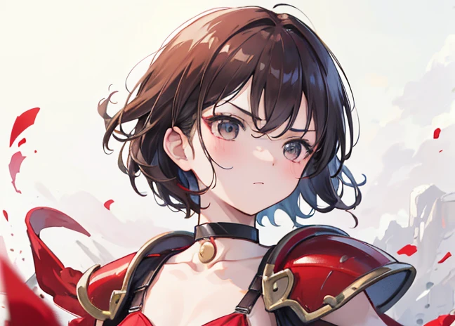 masterpiece,highest quality,1 girl,brown hair,short hair,floating hair,black eyes,(parted bangs),Red shoulder armor,red bikini armor,medium chest,serious,choker,battlefield,shot from front,portrait