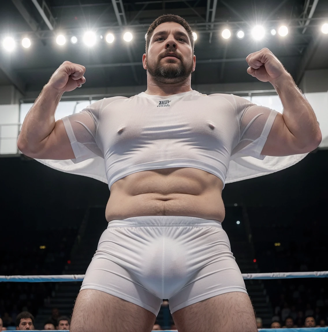 Simon "Ghost" Riley, 50 year old sexy fat bearded man,full of sweat,Full body,Big belly,((Wearing a white shirt and white trunks)),Stunned face,Open the legs,In the darkness, view from below, wrestling, uniforme wrestling. detalhado, lutando em um ring de wrestle. (((Volume na Virilha Menor))). Membros superiores e inferiores perfeitos e detalhados.