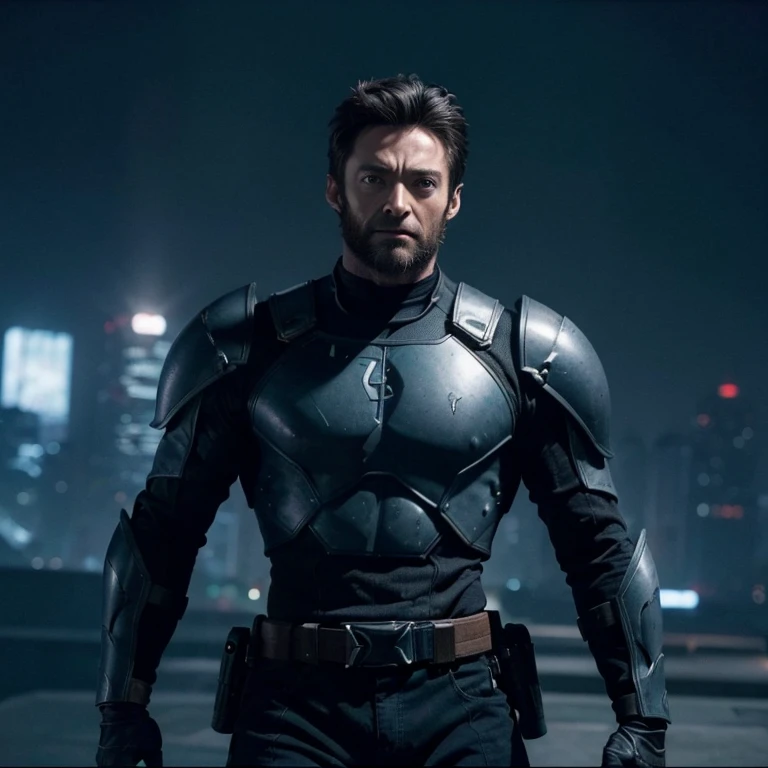 Hugh Jackman as a space warrior with a long and full beard, sporting a black and gray simple armor, in a futuristic alien cityscape, with a face identical to Hugh Jackman's.