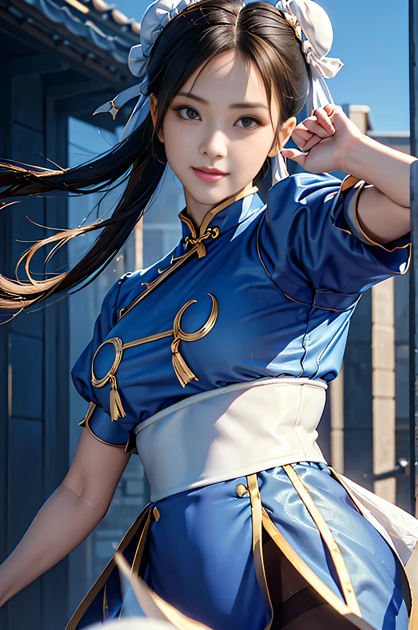 Chun-Li from Street Fight II,perfect chun li costume,blue cheongsam with gold lines,Bun head,Good cover,fighting pose,masterpiece、1 beautiful girl、fine eyes、puffy eyes、highest quality, 超High resolution, (reality: 1.4), movie lighting、Japanese、asian beauty、Korean、super beautiful、beautiful skin、body turns forward、close up of face、(super reality)、(High resolution)、(8K)、(very detailed)、(Beautiful and fine eyes)、(Super detailed)、 (wall-)、detailed face、bright lighting、professional lighting、looking at the viewer、look straight ahead、slanted bangs、Nogizaka Idol、korean idol、masterpiece, highest quality, masterpiece, highest quality, perfect face, perfect brown eyes with white sclera, Bad move - 5, alone, 1 girl, Upper body, brown hair, From SF2, Chinese service, smile, muscular woman, blue clothes, pantyhose, pelvic curtain, Plump short sleeves, Good cover, sash, evaluation:safety