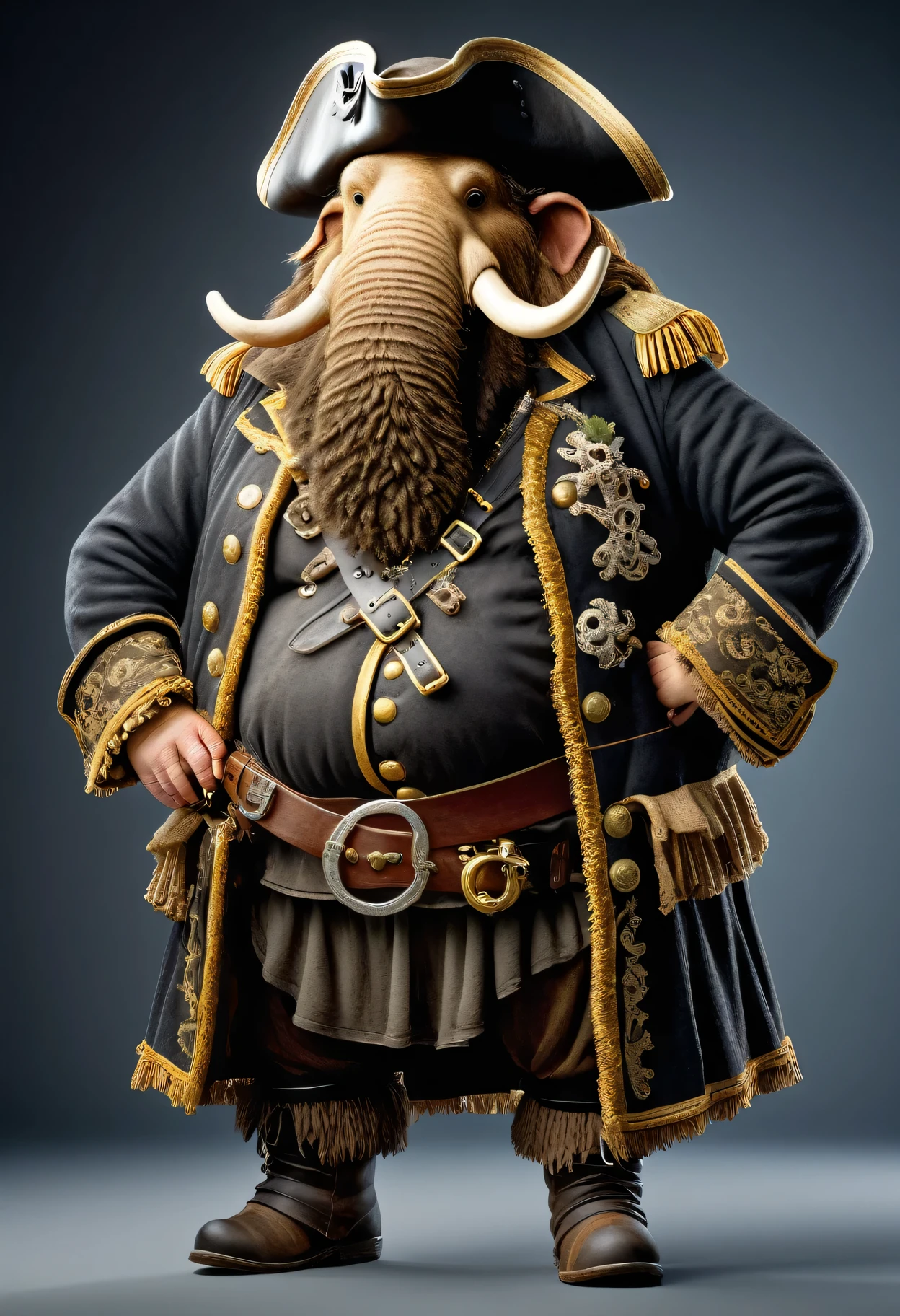 photorealistic portrait of Dressed animals - a ((fat)) mammoth pirate,(hands on hips:1.2),(), high quality,(lovely) ,intricate details, highly detailed (( pirate costume)), wearing pirate hat and boots , highly detailed pirate equipment , (happy), studio lighting,(flurry),(simple background)