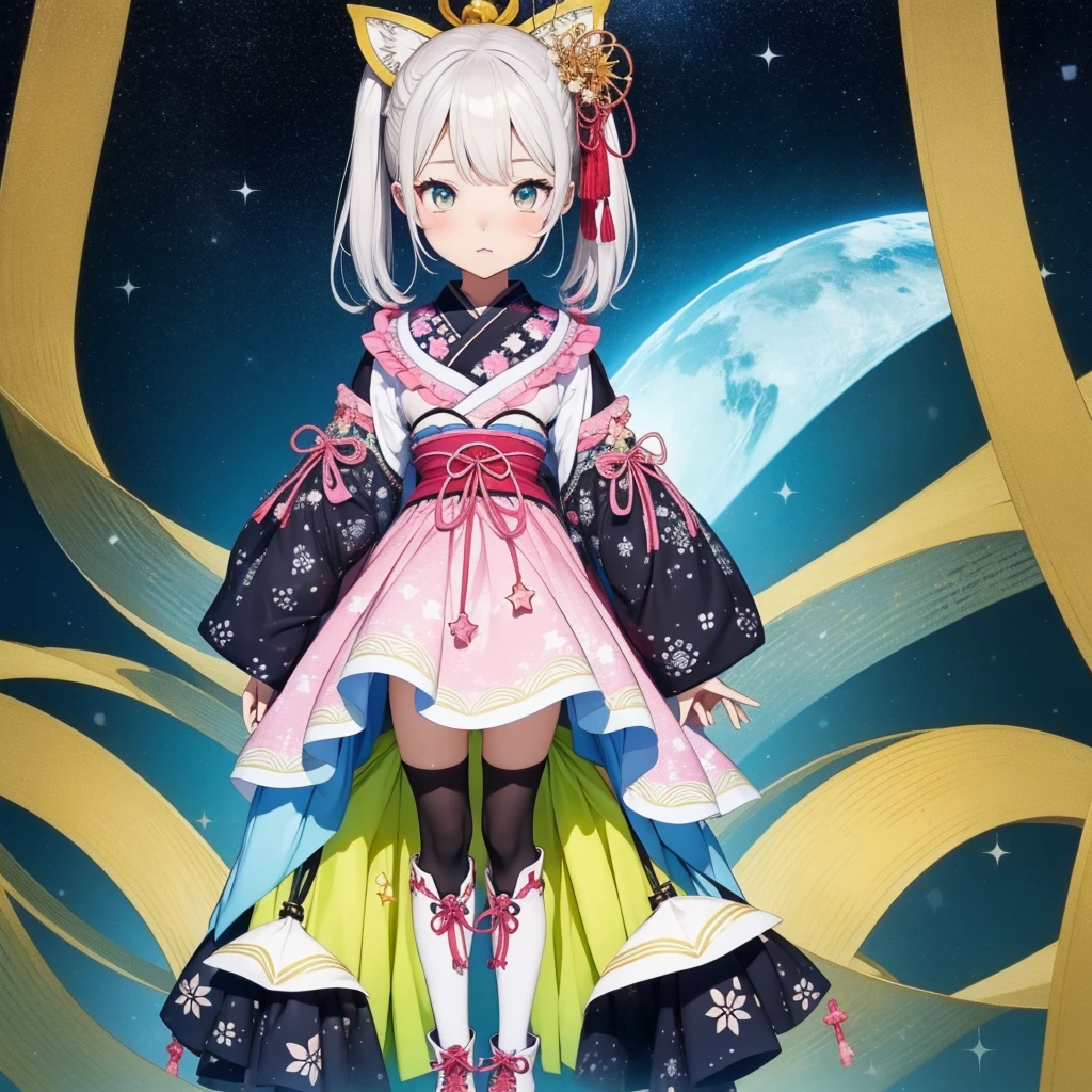 1girl、vtuber-fullbody、Star Fairy、masterpiece、official art、Super detailed、super beautiful、かわいいStar Fairy、white straight short hair、Milky Way、universe、star charm、Star、baby face、Knee-high boots、Japanese pattern dress、A beautiful girl wearing black and white clothes that are a remake of a yukata.、universeを思わせるOiranフリルドレス、Oiran、simple background、green background、