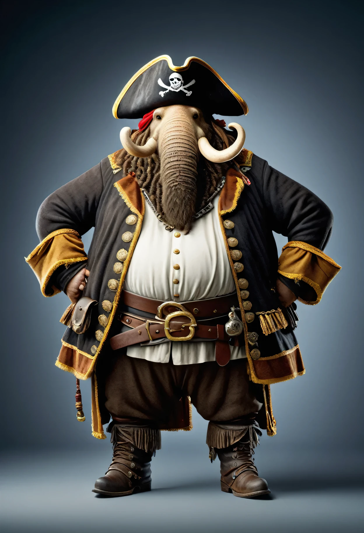 photorealistic portrait of Dressed animals - a ((fat)) mammoth pirate,(hands on hips:1.2),(), high quality,(lovely) ,intricate details, highly detailed (( pirate costume)), wearing pirate hat and boots , highly detailed pirate equipment , (happy), studio lighting,(flurry),(simple background)