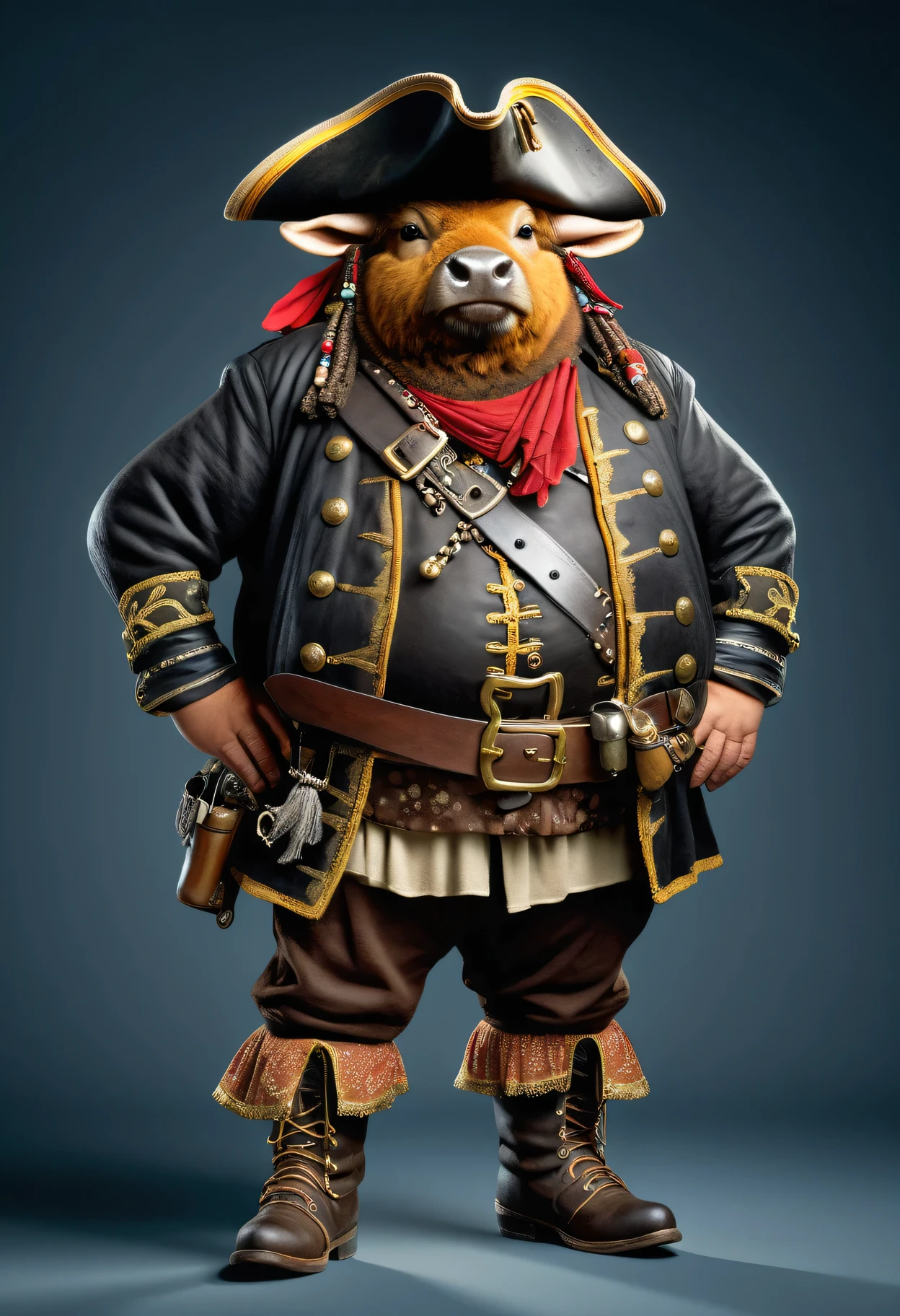 photorealistic portrait of Dressed animals - a ((fat)) buffalo pirate,(hands on hips:1.2),(), high quality,(lovely) ,intricate details, highly detailed (( pirate costume)), wearing pirate hat and boots , highly detailed pirate equipment , (happy), studio lighting,(flurry),(simple background)