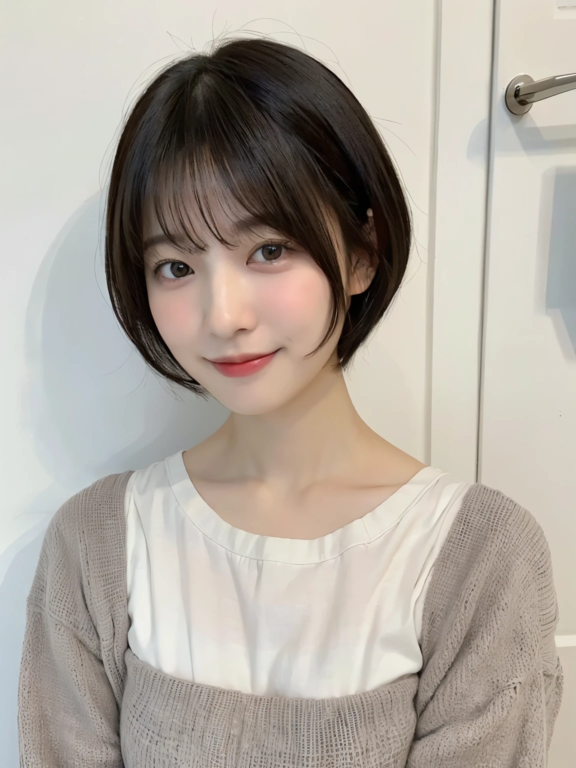 Long sleeve spring clothes、(White wall in the background、Taken in front of the white door)、table top、don&#39;t look at the camera、((highest quality、8K、masterpiece:1.3))、ultra high resolution、(photogenuineistic:1.4)、RAW photo、Japanese,(face)、genuine、Photographed in natural light、Highly detailed face and skin texture、highly detailed lips、correct state of the human body、medium hair、black hair、various poses、natural color lip、short hair、shortcut、smile、avert your eyes、look down、look down