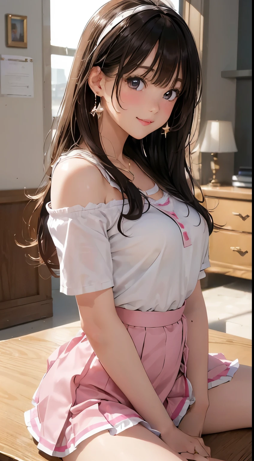 (on the table: 1.3), (maximum resolution: 1.2), (ultra high definition tv: 1.2), movie lighting, ultra high definition tv, (delicate eyes and skin), (detailed facial features), North African Free Trade Area, 8K resolution, sharp focus: 1.2, perfect style, cute face, perfect body, Accurate, anatomically correct, Highly detailed face and skin texture, delicate eyes, dark blue eyes, double eyelid, thin eyebrows, glitter eyeliner: 1.2, natural cheeks, shiny skin, white skin: 1.2, sparkly necklace and earrings, (glossy lips: 1.4), rest, one person&#39;perspective, (((very cute high school girl))), (Sexy pink lace), (smile: 1.2), ((innocent and cute girl:1.3)), (long wavy hair), (light brown hair:1.2), , rest, ((very close relationship: 1.2)), moderately, ((looking at the audience:1.2)), (library 1.2), ((please bend your knees:1.2)), (From the side:1.2),low angle shot,Off-the-shoulder mini dress,mini skirt,embarrassed look,(((big breasts))),((((uniform)))),(((Her skirt is lifted up)))