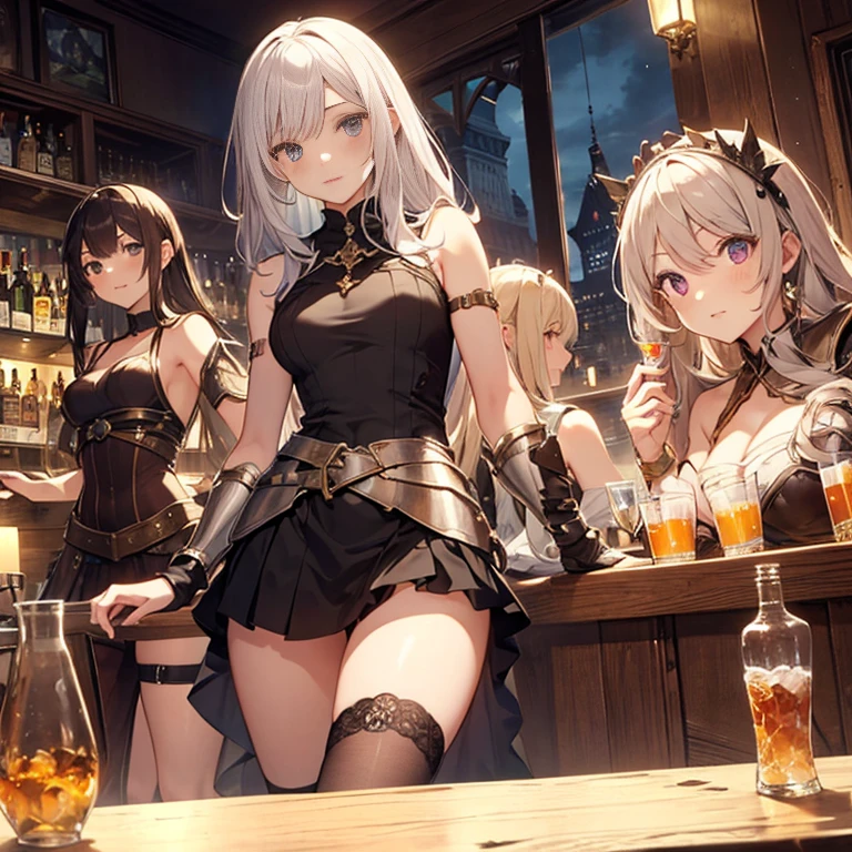 A group of female medieval fantasy adventurers, (in bar), various hair styles, harem, night, details face, short skirt, seducing, sleeveless, armor