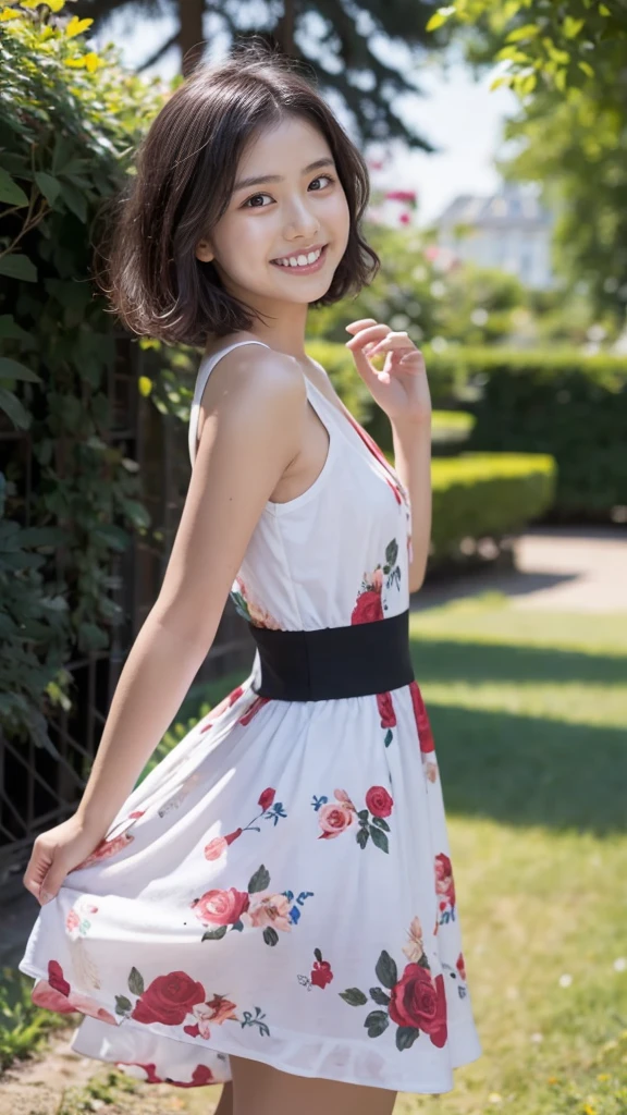 masterpiece, highest quality, disorganized, perfect anatomy, 1 girl, alone, pascal tales, short hair, beautiful, Hilarious, sunny day, botanical garden, Summer winds, sundress, Floral, wavy hair, smile