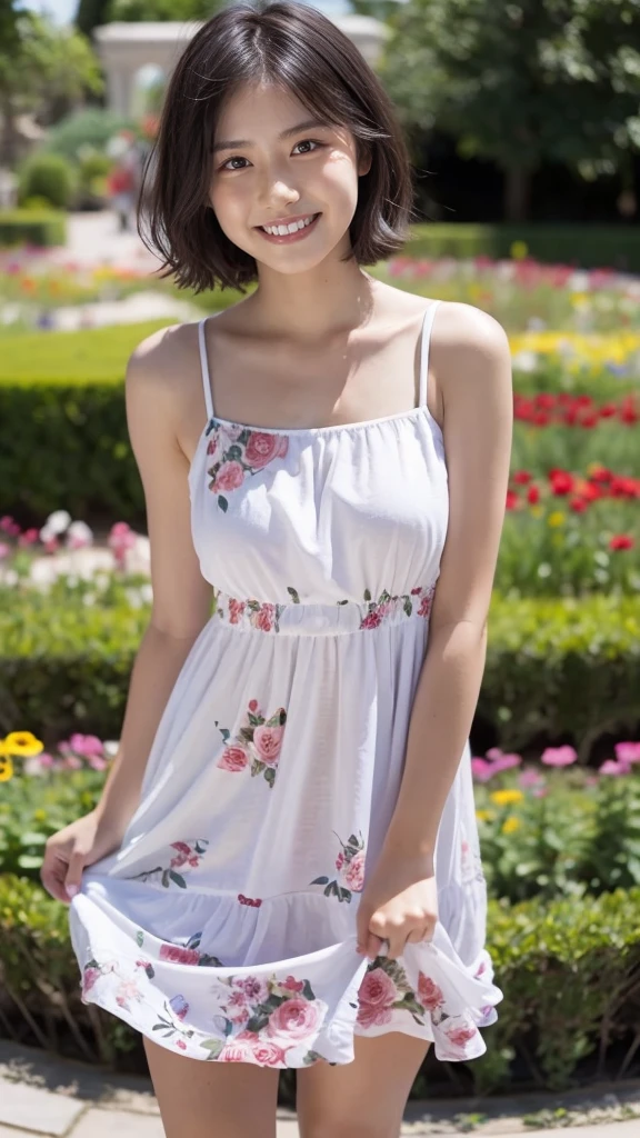 masterpiece, highest quality, disorganized, perfect anatomy, 1 girl, alone, pascal tales, short hair, beautiful, Hilarious, sunny day, botanical garden, Summer winds, sundress, Floral, wavy hair, smile