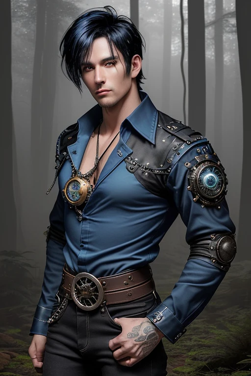 30-year-old man blue-black hair rocker clothing Steampunk open blue shirt black jeans slim muscular build sun medallion looking straight at viewer in foggy forest background black belt with star-shaped buckle holding a potion