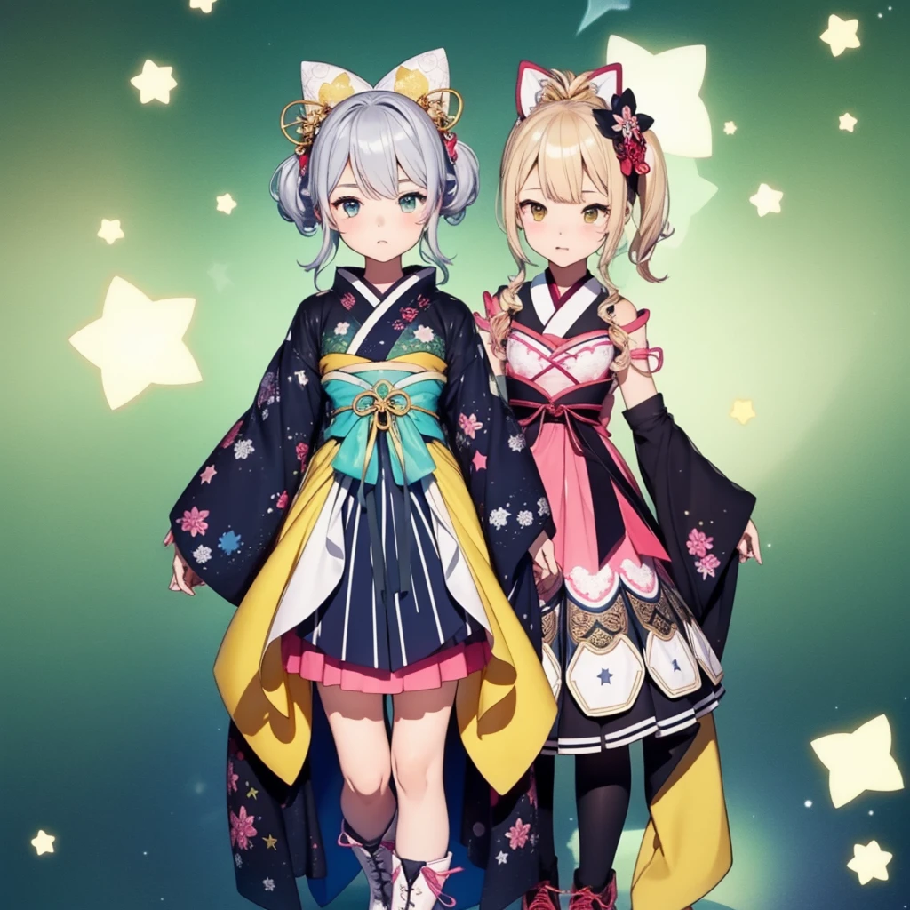 1girl、vtuber-fullbody、Star Fairy、masterpiece、official art、Super detailed、super beautiful、かわいいStar Fairy、white straight short hair、Milky Way、universe、star charm、Star、、Knee-high boots、Japanese pattern dress、A beautiful girl wearing black and white clothes that are a remake of a yukata.、universeを思わせるOiranフリルドレス、Oiran、simple background、green background、no body,