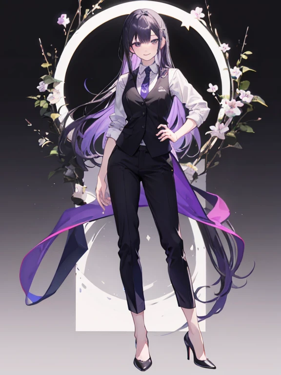 purple,medium long hair,woman,suit,black vest,shirt with rolled up sleeves,tie,pants,high heels,,simple background,smile,whole body,full body,full body,Standing picture,vtuber,upright,,Standing upright with face and body facing forward,