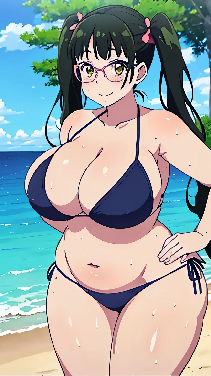 high resolution、high quality、masterpiece、(nikuko(galko),twintail,black hair,(gigantic breasts:1.4),chuby,plump,wide hip,thick tighs,eye glasses,yellow eyes),(beach,bikini,blush:1.4),(embarrassed,sweat,steam,seductive smile:1.1),((sexy,erotic))