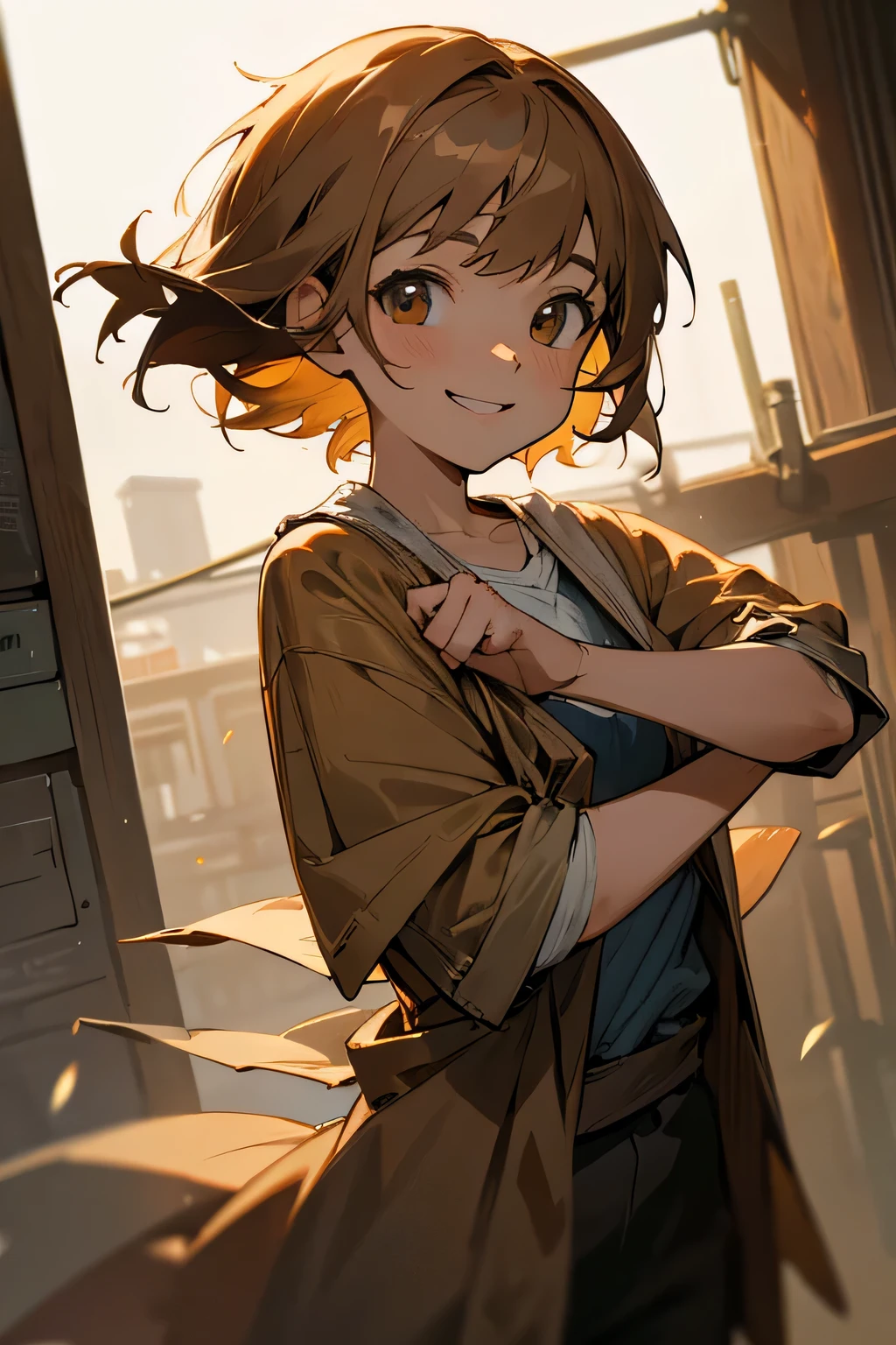  with light brown short hair and a warm smile wearing rags. 