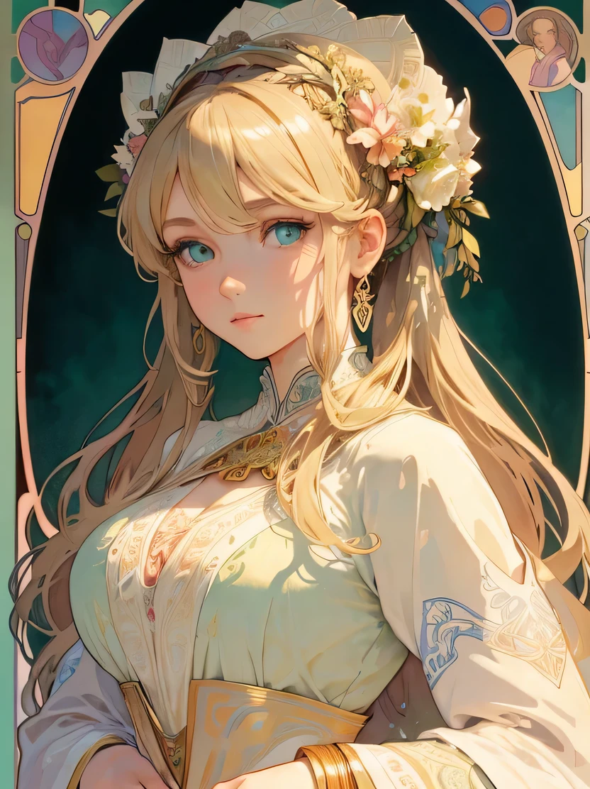 ((masterpiece、highest quality、Super fine、High resolution、photorealistic、sharp focus、cinematic lighting))、((1 female、bust shot))、art nouveau style watercolor、greek goddess、big breasts、Big eyes、long and thick eyelashes、pale skin、lip whole、green eyes、long thick blonde hair、high ponytail、sexy white robe、flower background、Beautifully decorated oval frame、Intricate designs and patterns in the style of Alphonse Mucha
