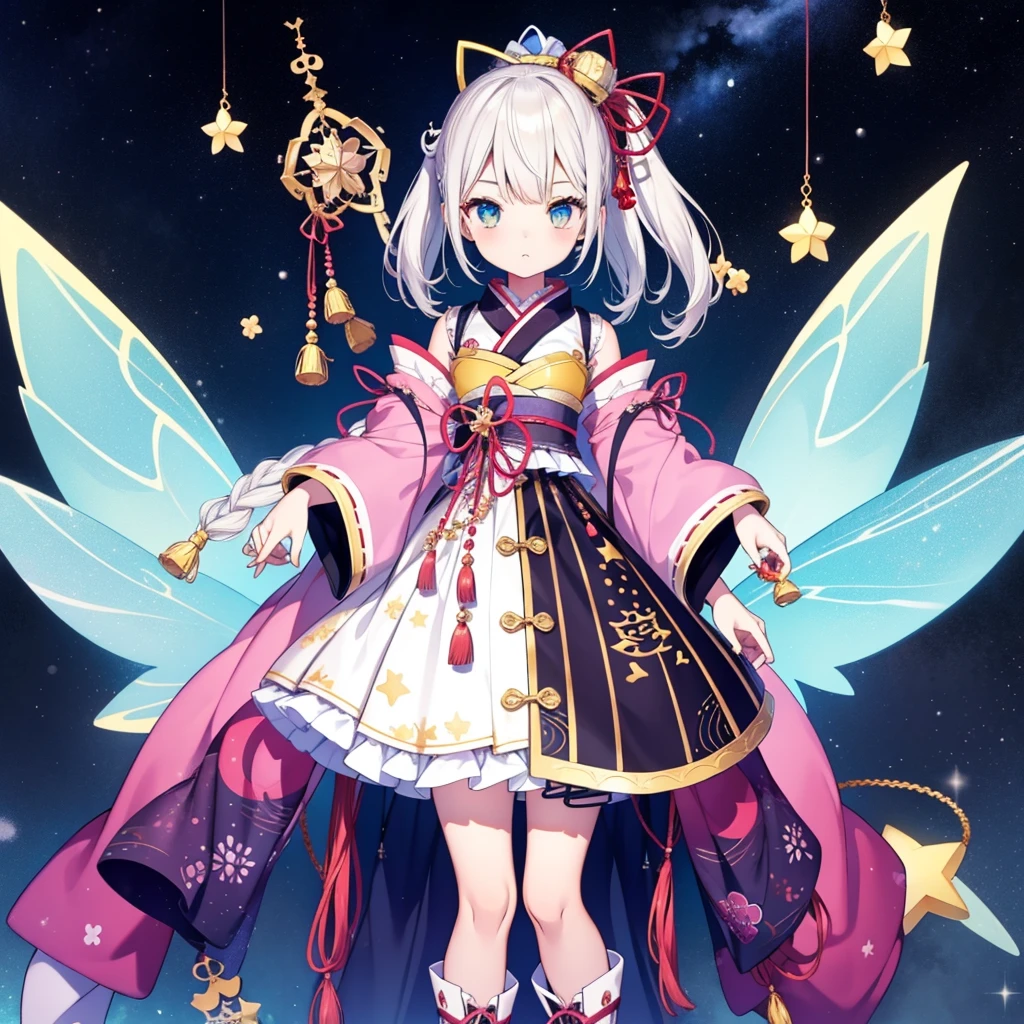 1girl、vtuber-fullbody、Star Fairy、masterpiece、official art、Super detailed、super beautiful、かわいいStar Fairy、white straight short hair、Milky Way、universe、star charm、Star、baby face、Knee-high boots、Japanese pattern dress、A beautiful girl wearing black and white clothes that are a remake of a yukata.、universeを思わせるOiranフリルドレス、Oiran、simple background、green background、no body,