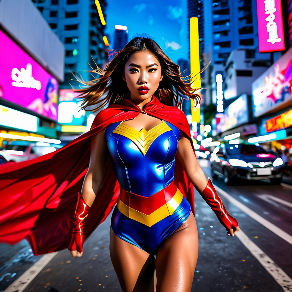 (best quality,4k,8k,highres,masterpiece:1.2),ultra-detailed,(realistic,photorealistic,photo-realistic:1.37),HDR,UHD,studio lighting,extreme detail description,professional,vivid colors,bokeh,fast-paced,speedy,energetic,explosive,captivating,action-packed,thrilling,superhero female superhero,fast running motion blur,beautiful detailed eyes,beautiful detailed lips,extremely busty,exposed midriff,deep exposure of cleavage,confident expression,flowing long hair,fitted superhero costume,striking colors,dynamic pose,tall and slim figure,fierce and determined,flying cape urban cityscape,Bangkok skyline,busy streets and traffic,neon lights and billboards,tall buildings and skyscrapers,modern architecture,street vendors and food stalls,colorful street art and murals,people and cars rushing by,dynamic and bustling atmosphere,blurred motion effects,implied speed and motion electrifying energy,crackling lightning bolts,sparkling energy trails,smoke and dust in the air,blurred background with streaks of light,expressive lighting and highlights,dramatic shadows and contrasts,high contrast between foreground and background,vibrant and saturated colors,playful use of light and shadows dynamic composition with diagonal lines,guiding the eye from foreground to background,sense of depth and movement,implied speed lines and motion blurs,sense of urgency and action,focus on the female superhero at the center of the image,showcasing her power and speed,creating a visually stunning and captivating scene