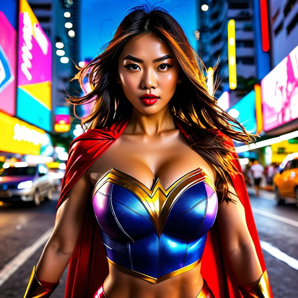 (best quality,4k,8k,highres,masterpiece:1.2),ultra-detailed,(realistic,photorealistic,photo-realistic:1.37),HDR,UHD,studio lighting,extreme detail description,professional,vivid colors,bokeh,fast-paced,speedy,energetic,explosive,captivating,action-packed,thrilling,superhero

female superhero,fast running motion blur,beautiful detailed eyes,beautiful detailed lips,extremely busty,exposed midriff,deep exposure of cleavage,confident expression,flowing long hair,fitted superhero costume,striking colors,dynamic pose,tall and slim figure,fierce and determined,flying cape

urban cityscape,Bangkok skyline,busy streets and traffic,neon lights and billboards,tall buildings and skyscrapers,modern architecture,street vendors and food stalls,colorful street art and murals,people and cars rushing by,dynamic and bustling atmosphere,blurred motion effects,implied speed and motion

electrifying energy,crackling lightning bolts,sparkling energy trails,smoke and dust in the air,blurred background with streaks of light,expressive lighting and highlights,dramatic shadows and contrasts,high contrast between foreground and background,vibrant and saturated colors,playful use of light and shadows

dynamic composition with diagonal lines,guiding the eye from foreground to background,sense of depth and movement,implied speed lines and motion blurs,sense of urgency and action,focus on the female superhero at the center of the image,showcasing her power and speed,creating a visually stunning and captivating scene