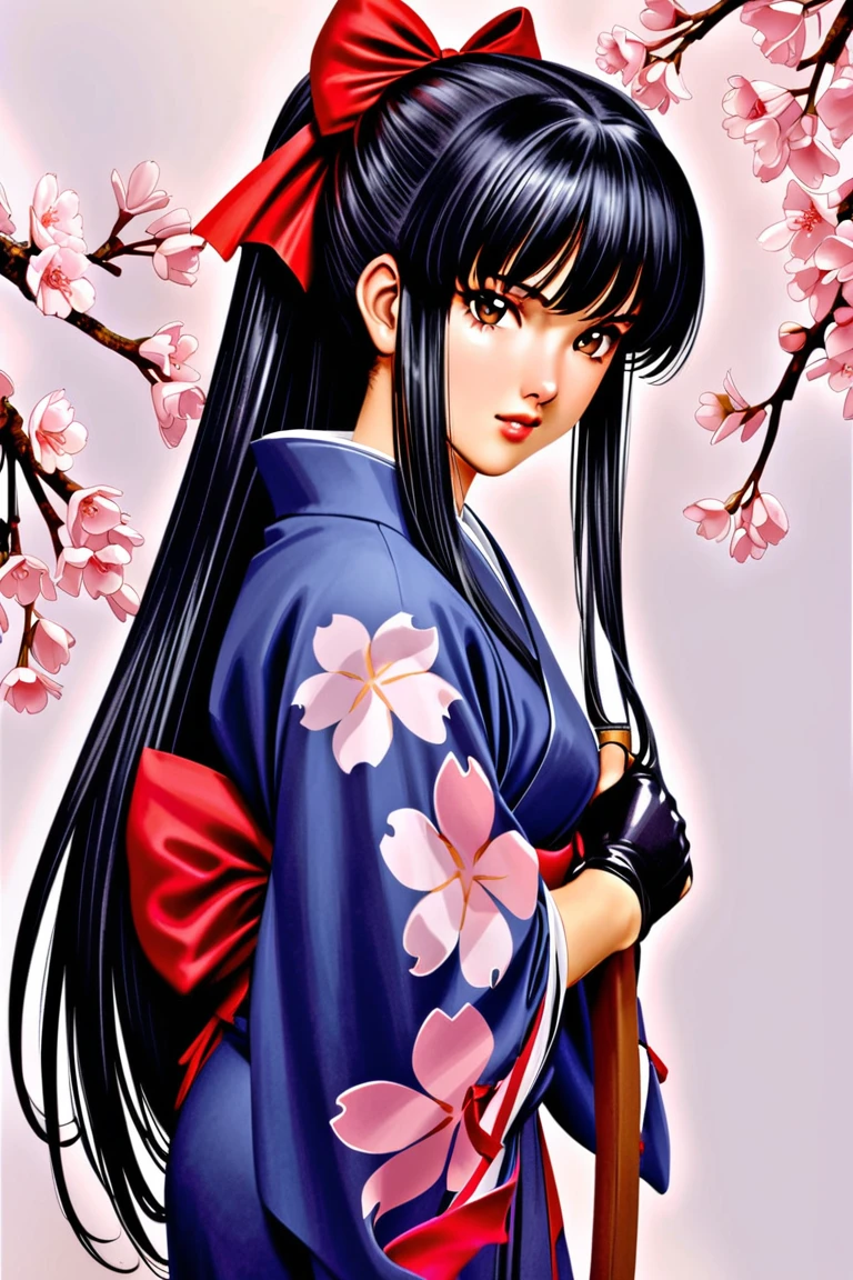 (masterpiece: 1.2, highest quality), realistic, (realistic Picture, intricate details, Depth of the bounds written), Sakura, 1 girl, arms, alone, sword, kimono, bow, black hair, red bow, long hair, brown eyes, gloves, petal, fingerless gloves, cherry blossoms, knife, hair bow, ponytail, kimono, Similarly, Similarly skirt, traditional media,