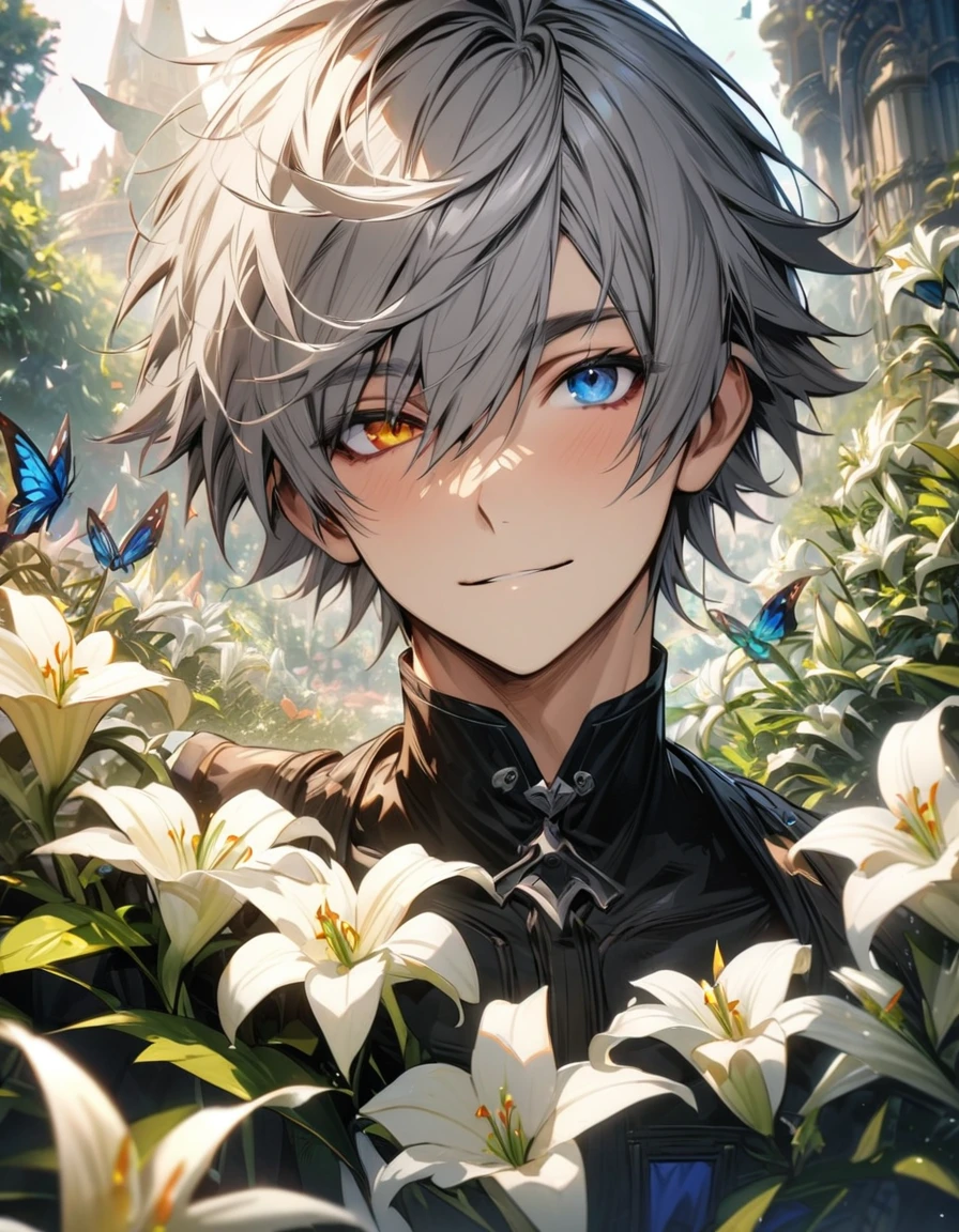absurdres, highres, ultra detailed, HDR, masterpiece, Yozora, spiky grey hair, heterochromia, left eye red, right eye blue, Kingdom Hearts 3, 1man, handsome, garden, white lilies, petals, butterflies