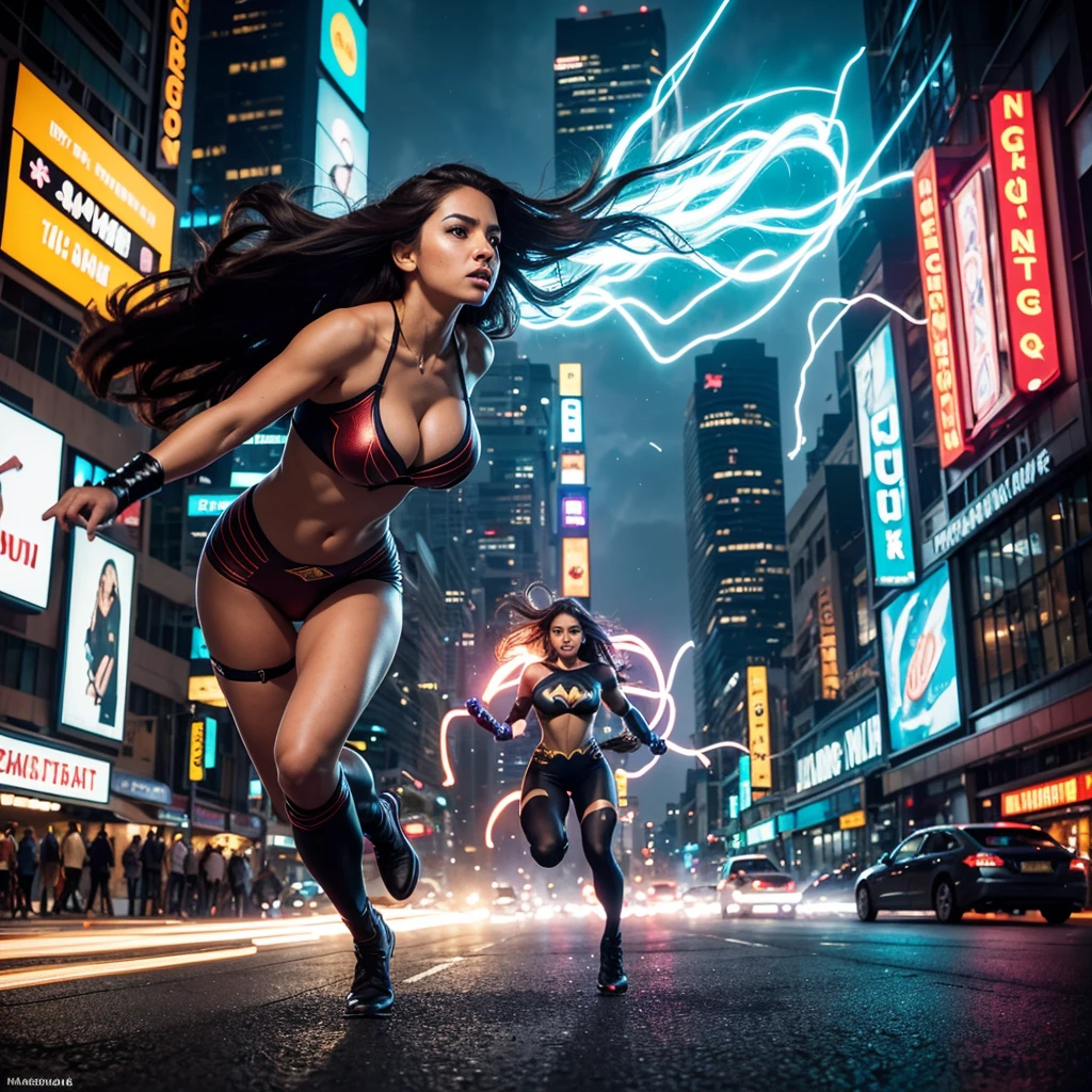 (best quality,4k,8k,highres,masterpiece:1.2),ultra-detailed,(realistic,photorealistic,photo-realistic:1.37),HDR,UHD,studio lighting,extreme detail description,professional,vivid colors,bokeh,fast-paced,speedy,energetic,explosive,captivating,action-packed,thrilling,superhero female superhero,fast running motion blur,beautiful detailed eyes,beautiful detailed lips,extremely busty,exposed midriff,deep exposure of cleavage,confident expression,flowing long hair,fitted superhero costume,striking colors,dynamic pose,tall and slim figure,fierce and determined,flying cape urban cityscape,Bangkok skyline,busy streets and traffic,neon lights and billboards,tall buildings and skyscrapers,modern architecture,street vendors and food stalls,colorful street art and murals,people and cars rushing by,dynamic and bustling atmosphere,blurred motion effects,implied speed and motion electrifying energy,crackling lightning bolts,sparkling energy trails,smoke and dust in the air,blurred background with streaks of light,expressive lighting and highlights,dramatic shadows and contrasts,high contrast between foreground and background,vibrant and saturated colors,playful use of light and shadows dynamic composition with diagonal lines,guiding the eye from foreground to background,sense of depth and movement,implied speed lines and motion blurs,sense of urgency and action,focus on the female superhero at the center of the image,showcasing her power and speed,creating a visually stunning and captivating scene