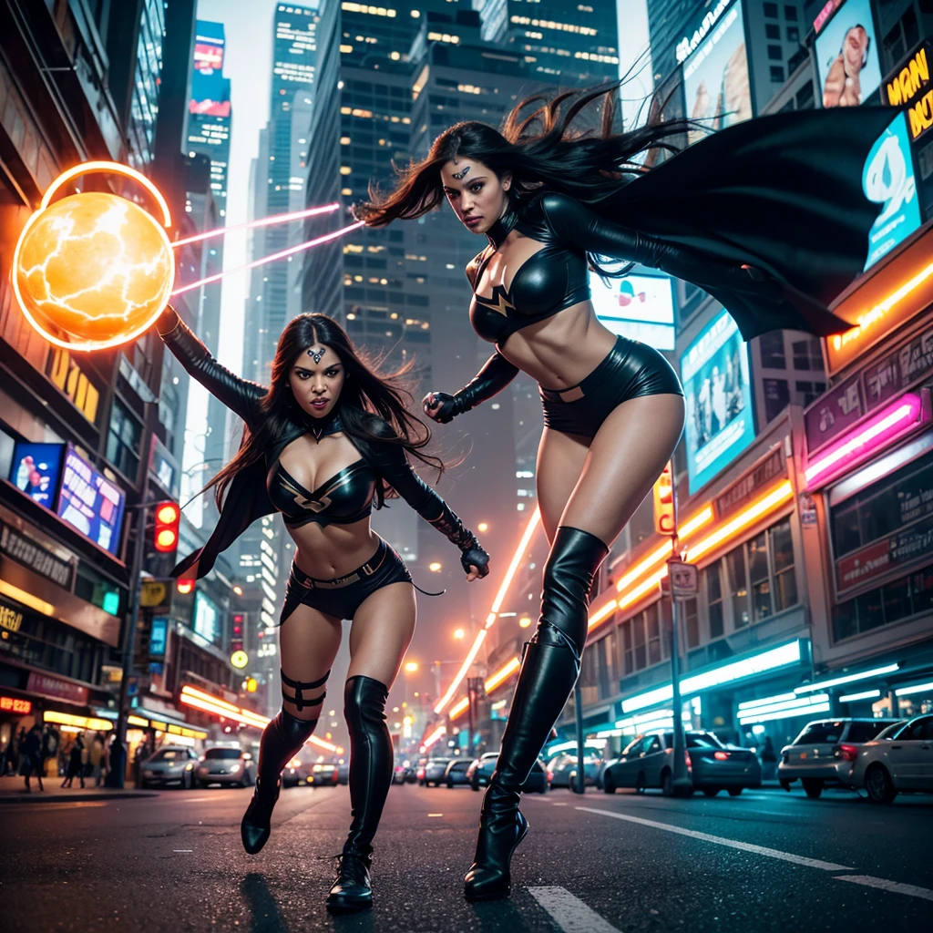 (best quality,4k,8k,highres,masterpiece:1.2),ultra-detailed,(realistic,photorealistic,photo-realistic:1.37),HDR,UHD,studio lighting,extreme detail description,professional,vivid colors,bokeh,fast-paced,speedy,energetic,explosive,captivating,action-packed,thrilling,superhero female superhero,fast running motion blur,beautiful detailed eyes,beautiful detailed lips,extremely busty,exposed midriff,deep exposure of cleavage,confident expression,flowing long hair,fitted superhero costume,striking colors,dynamic pose,tall and slim figure,fierce and determined,flying cape urban cityscape,Bangkok skyline,busy streets and traffic,neon lights and billboards,tall buildings and skyscrapers,modern architecture,street vendors and food stalls,colorful street art and murals,people and cars rushing by,dynamic and bustling atmosphere,blurred motion effects,implied speed and motion electrifying energy,crackling lightning bolts,sparkling energy trails,smoke and dust in the air,blurred background with streaks of light,expressive lighting and highlights,dramatic shadows and contrasts,high contrast between foreground and background,vibrant and saturated colors,playful use of light and shadows dynamic composition with diagonal lines,guiding the eye from foreground to background,sense of depth and movement,implied speed lines and motion blurs,sense of urgency and action,focus on the female superhero at the center of the image,showcasing her power and speed,creating a visually stunning and captivating scene