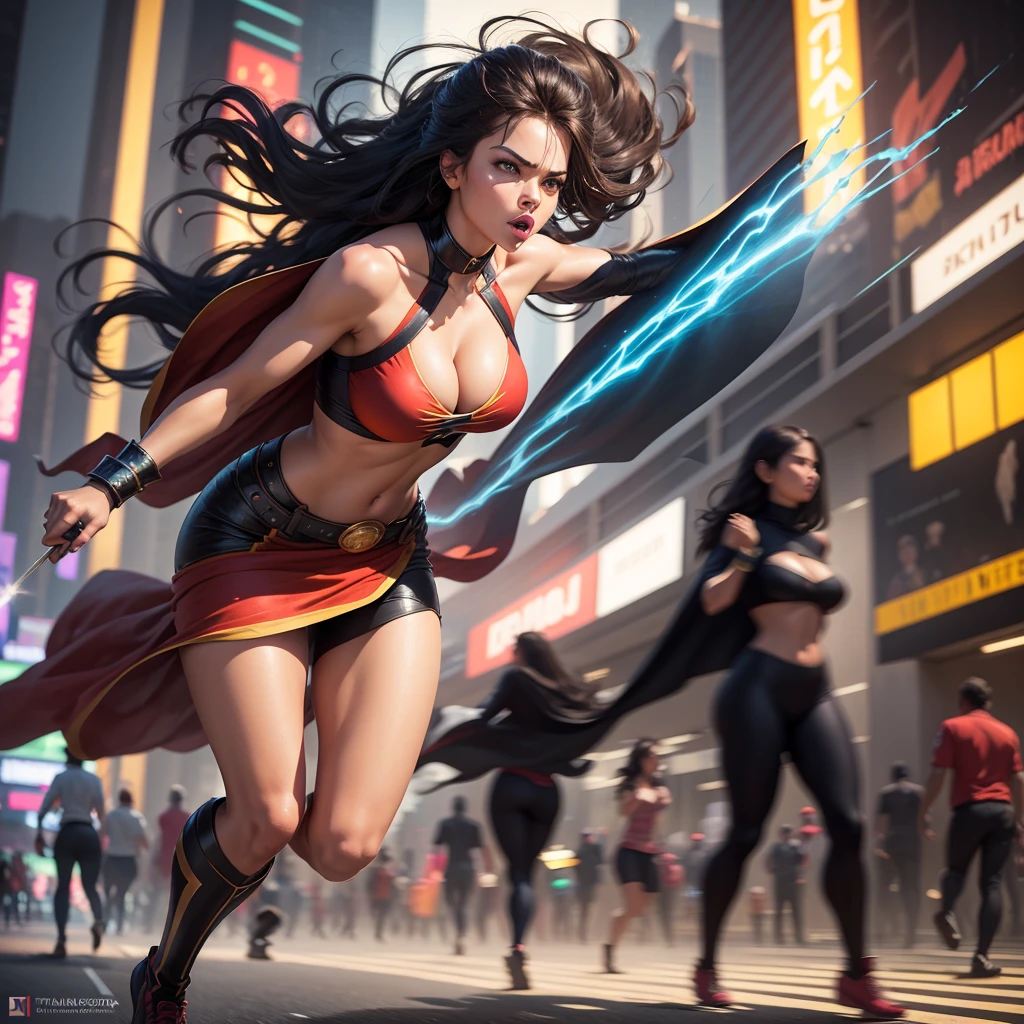 (best quality,4k,8k,highres,masterpiece:1.2),ultra-detailed,(realistic,photorealistic,photo-realistic:1.37),HDR,UHD,studio lighting,extreme detail description,professional,vivid colors,bokeh,fast-paced,speedy,energetic,explosive,captivating,action-packed,thrilling,superhero female superhero,fast running motion blur,beautiful detailed eyes,beautiful detailed lips,extremely busty,exposed midriff,deep exposure of cleavage,confident expression,flowing long hair,fitted superhero costume,striking colors,dynamic pose,tall and slim figure,fierce and determined,flying cape urban cityscape,Bangkok skyline,busy streets and traffic,neon lights and billboards,tall buildings and skyscrapers,modern architecture,street vendors and food stalls,colorful street art and murals,people and cars rushing by,dynamic and bustling atmosphere,blurred motion effects,implied speed and motion electrifying energy,crackling lightning bolts,sparkling energy trails,smoke and dust in the air,blurred background with streaks of light,expressive lighting and highlights,dramatic shadows and contrasts,high contrast between foreground and background,vibrant and saturated colors,playful use of light and shadows dynamic composition with diagonal lines,guiding the eye from foreground to background,sense of depth and movement,implied speed lines and motion blurs,sense of urgency and action,focus on the female superhero at the center of the image,showcasing her power and speed,creating a visually stunning and captivating scene