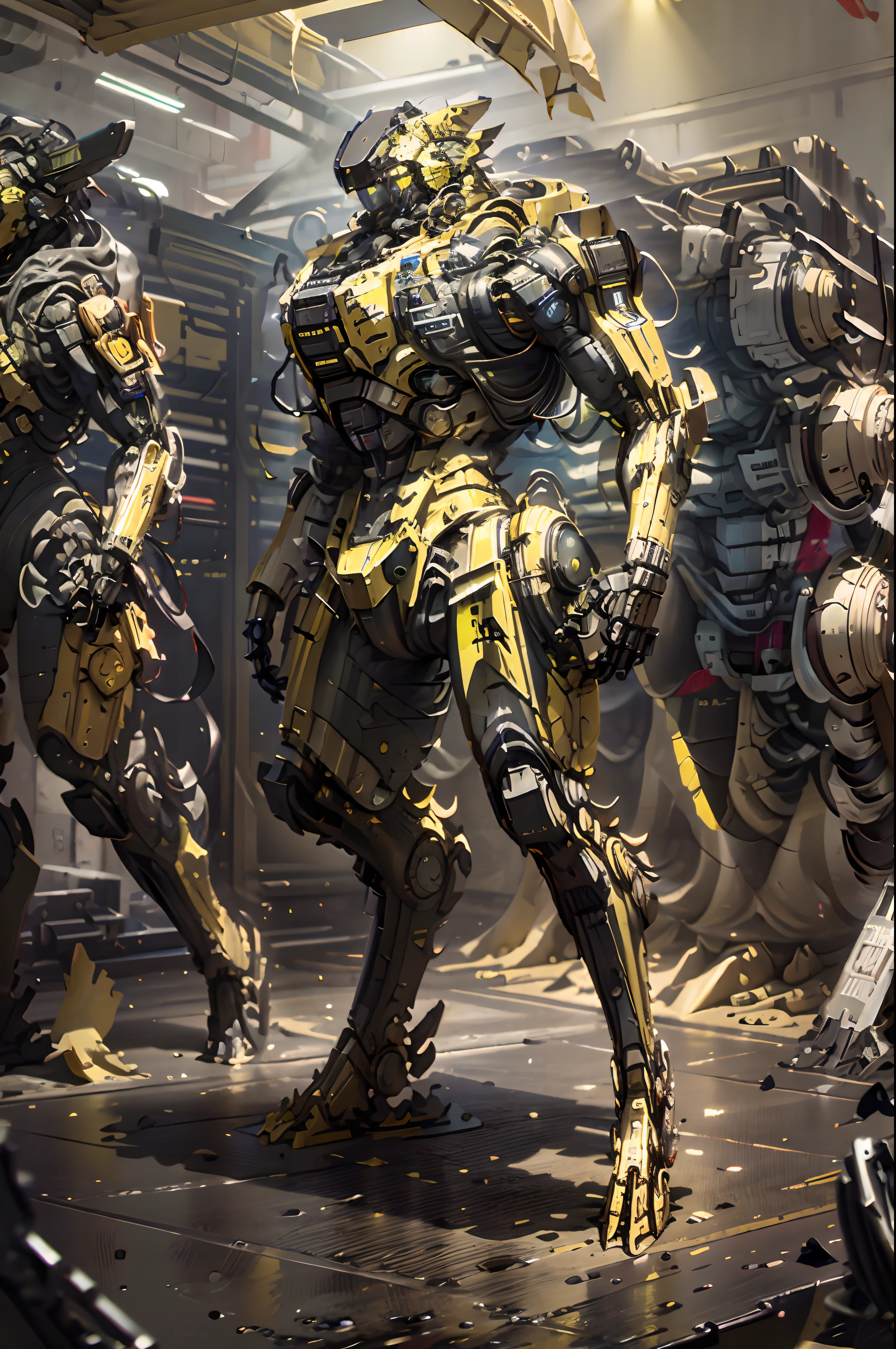 Male robot with Digigrade legs, e pintura desgastada amarela. The head is solid black glass with yellow eyes. The head is triangular in shape and has a sharp edge at the front..