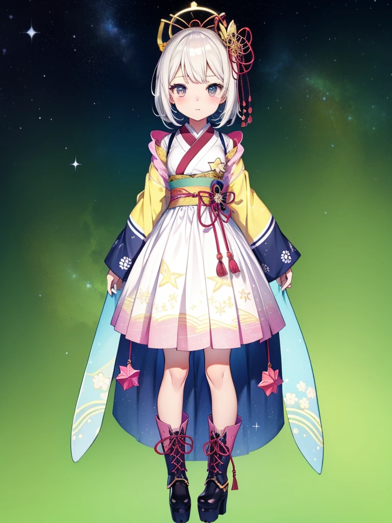 1girl、vtuber-fullbody、Star Fairy、masterpiece、official art、Super detailed、super beautiful、かわいいStar Fairy、white straight short hair、Milky Way、universe、star charm、Star、baby face、Knee-high boots、Japanese pattern dress、A beautiful girl wearing black and white clothes that are a remake of a yukata.、universeを思わせるOiranフリルドレス、Oiran、simple background、green background、no body,