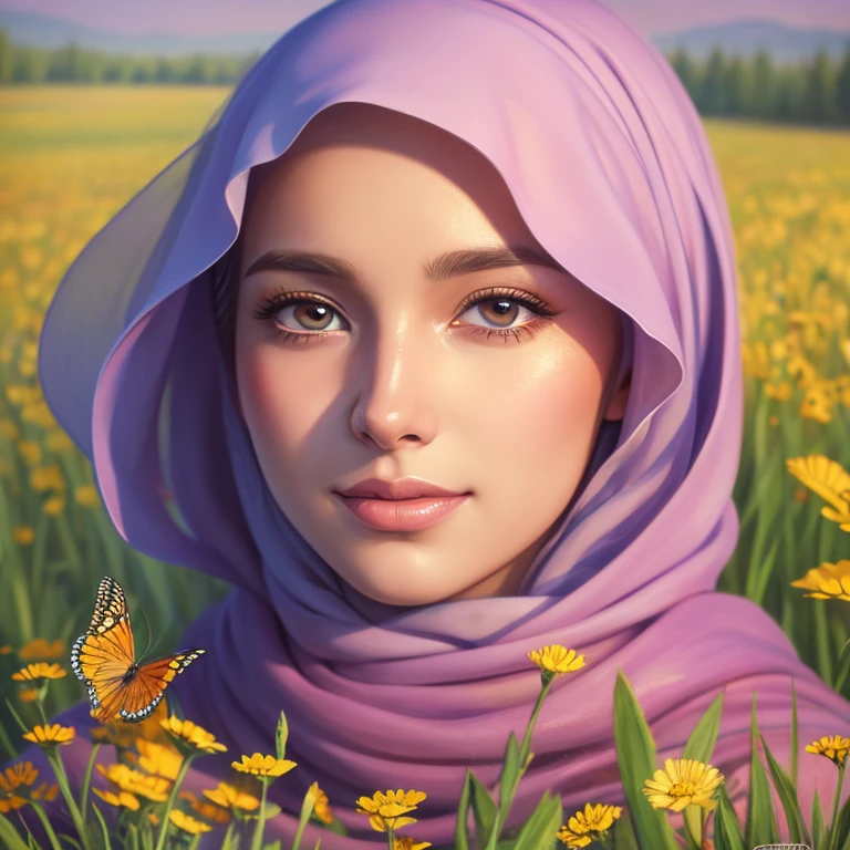 arafed woman in hijab in butterfly field, beautiful digital painting, beautiful art uhd 4k, beautiful digital artwork, beautiful digital illustration, very beautiful portrait, beautiful detailed portrait, beautiful digital art, very digital art beautiful, stunning digital painting, detailed beauty portrait, beautiful digital painting, 4k detailed painting, beautiful beautiful digital art, UHD, realistic, faint smile