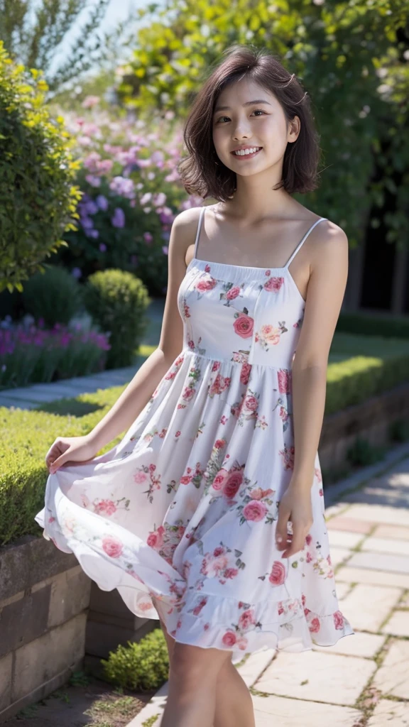 masterpiece, highest quality, disorganized, perfect anatomy, 1 girl, alone, pascal tales, short hair, beautiful, Hilarious, sunny day, botanical garden, Summer winds, sundress, Floral, wavy hair, smile