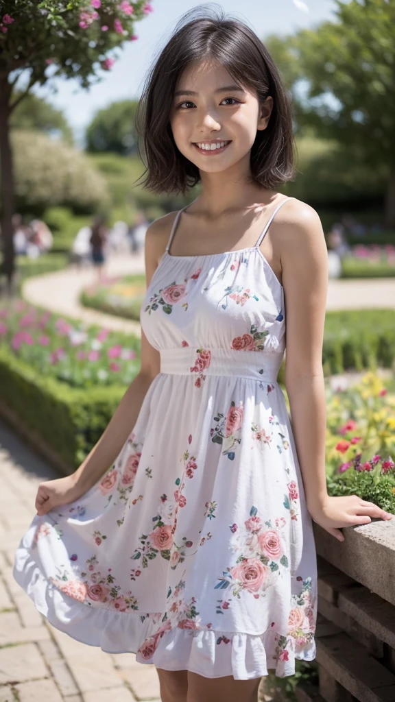 masterpiece, highest quality, disorganized, perfect anatomy, 1 girl, alone, pascal tales, short hair, beautiful, Hilarious, sunny day, botanical garden, Summer winds, sundress, Floral, wavy hair, smile