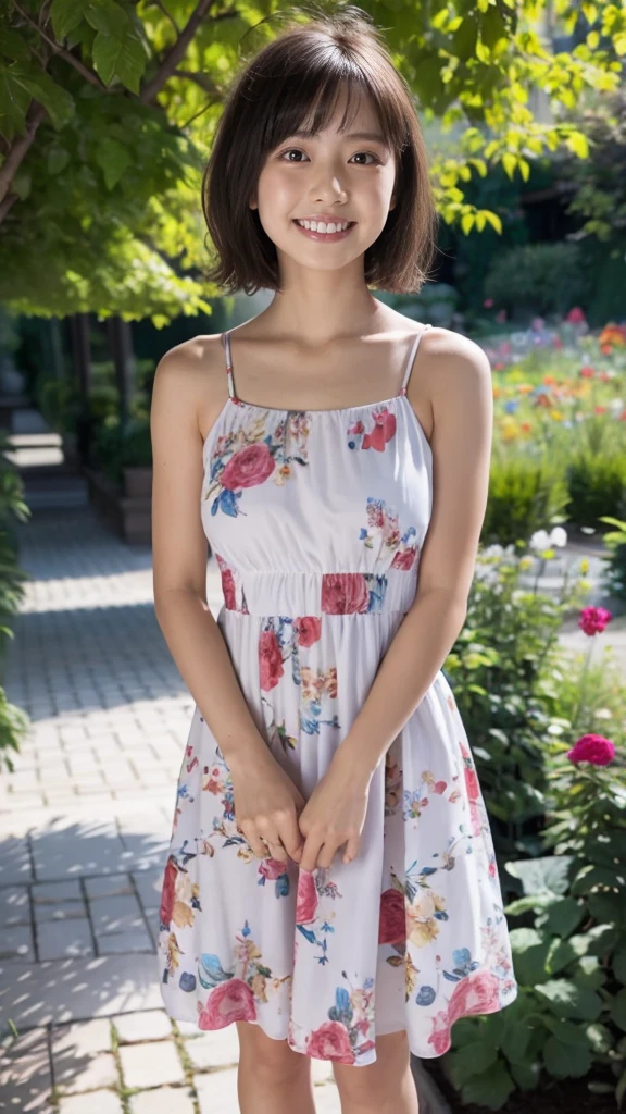 masterpiece, highest quality, disorganized, perfect anatomy, 1 girl, alone, pascal tales, short hair, beautiful, Hilarious, sunny day, botanical garden, Summer winds, sundress, Floral, wavy hair, smile