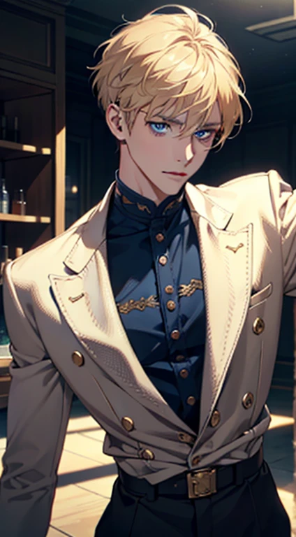 1 male with unique and beautiful features. He has bronze skin, short brown hair, ((big eyes, charming blue eyes, that give his face a touch of mystery and attraction)), He wears elegant and innovative clothes that reflect a unique character and a strong personality, 8k, high quilty, realistic, beautiful realistic, Cool details, raw photo, realistic clothing, short hair, blond hair, realistic hair, Light and cool lighting, photo realistic, Cel shaded, Gel lighting, ultra details
