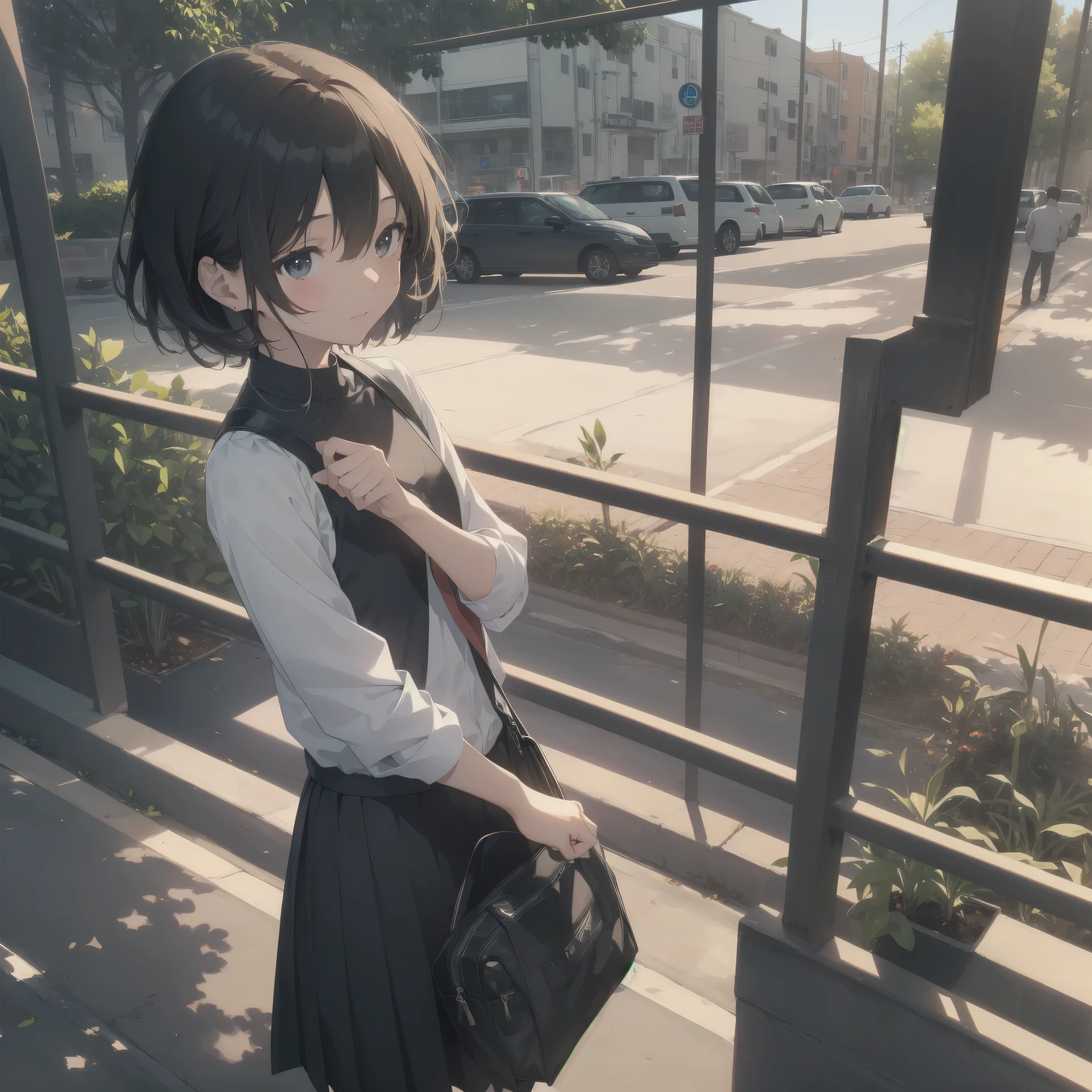ultra-absurdres-Top quality by artist God, ultra-detailed, high resolution, anime moe artstyle, best anime 8k konachan wallpaper, pixiv contest winner,pool:2810, perfect anatomy,break, 1girl, (Please draw a girl walking sleepily to school alone. )break,(Solo,little female, 13-year-old:1.3),Full limbs, complete fingers,a junior high school student, (very short hair), short cut, flat chest, , small butt, small black eyes, beautiful detailed eyes, well-proportioned iris and pupils, expressive eyes, highres detailed hair, soft expression, school_uniform, official_alternate_costume, pleated skirt,(Detailed Lighting), (Detailed background), in the School commute route. break,super detailed skin, Best cinematic lighting powered by famous artist, 8k,beauty illustration,photoshop_(medium),very aesthetic,break,((artist:yaegashi_nan )), artist:akinashi yuu ,artist:oyari ashito ,artist:kantoku ,