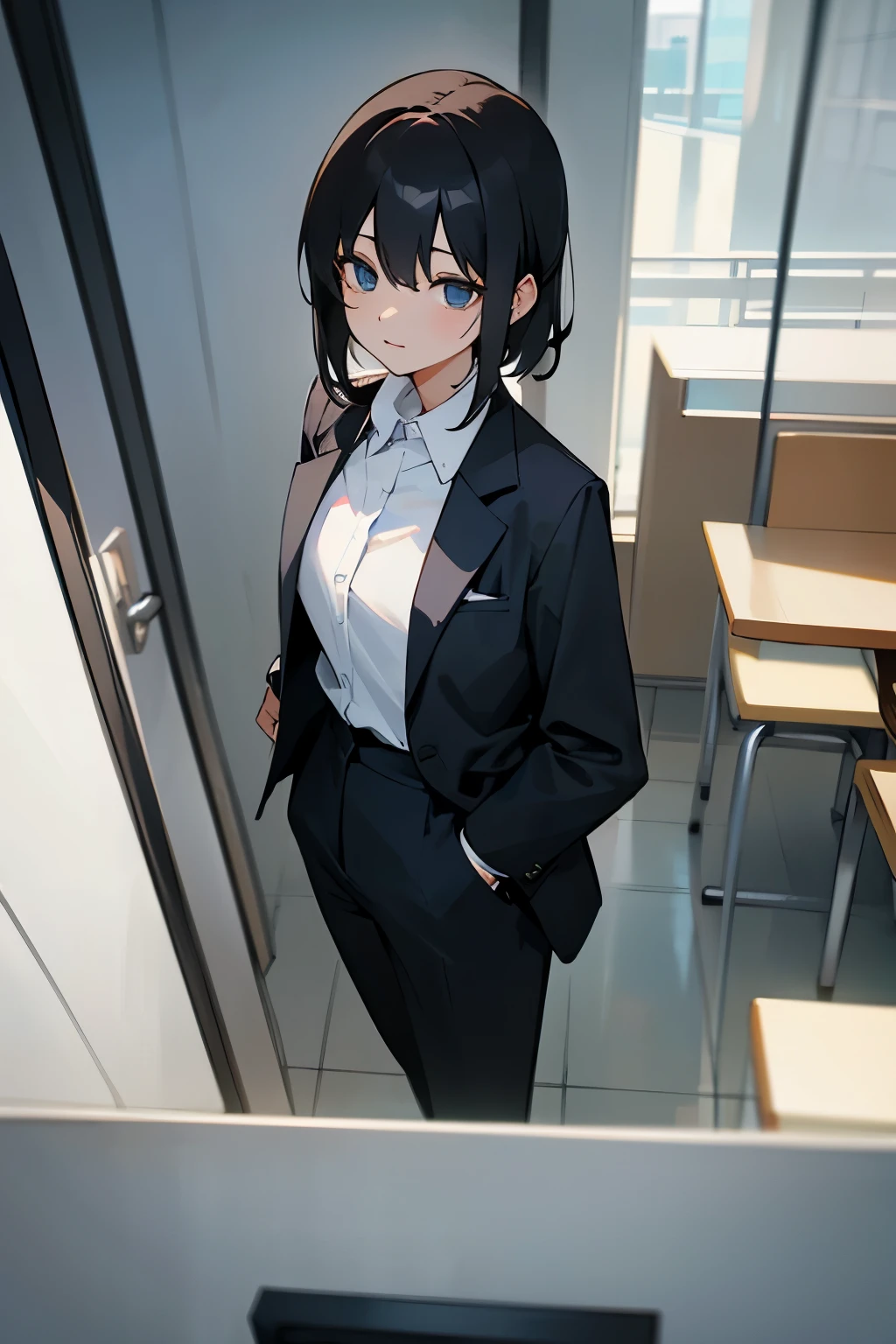 Real estate sales、Explaining the property to customers、From the customer's perspective、Female in her 30s、 black suit、white shirt