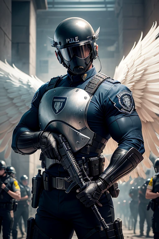 (male) policeman angel (((2 powerful wings))) SWAT with riot shield and helmet (((face hidden))), holding a police baton, chaos at the background, dinamic pose, focus on the shield