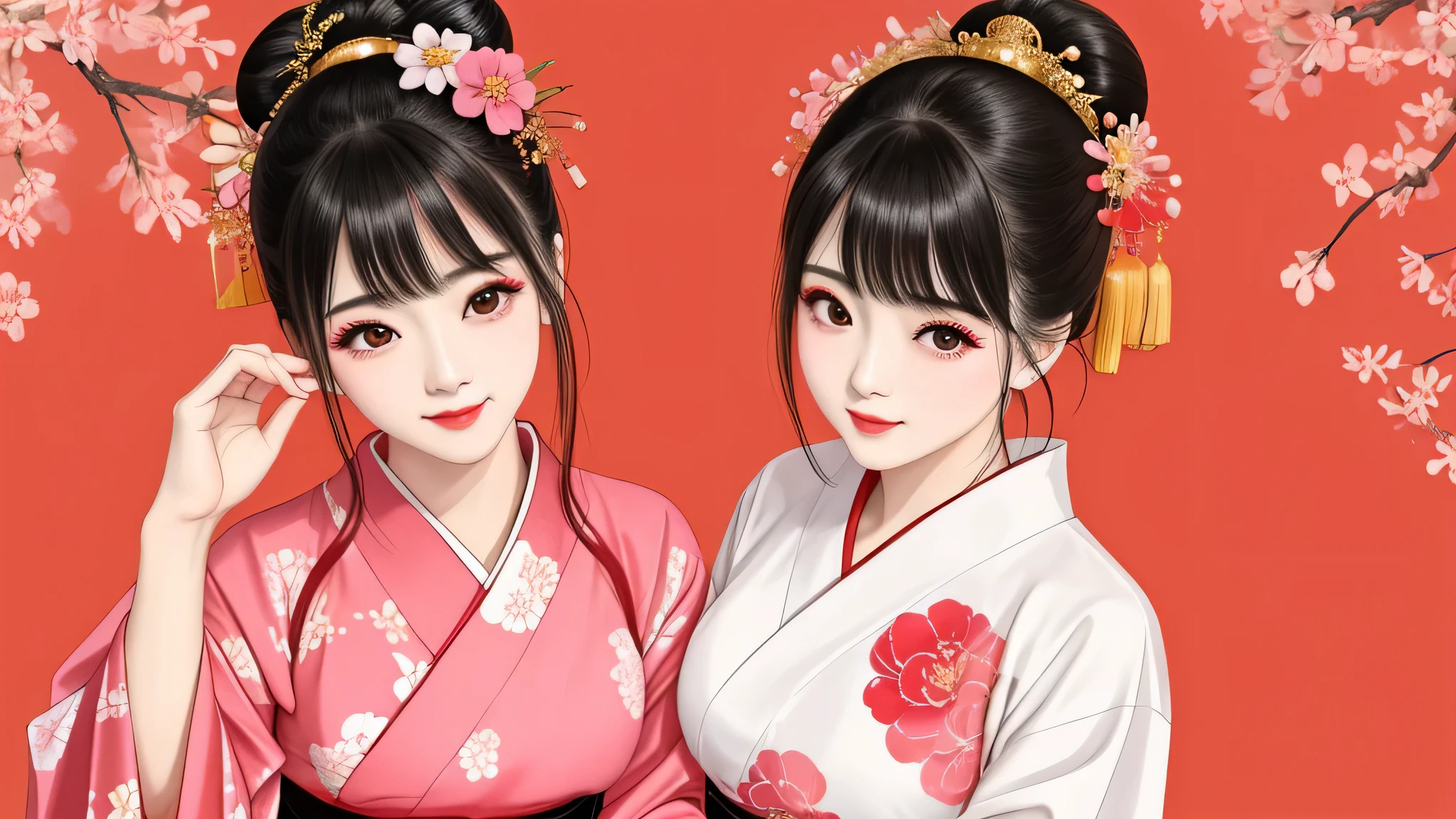 Each has a different expression2People and sisters、(2 girls)、⦅Dancing traditional performing arts gracefully)、((big breasts、small face、not exposed))、highest quality、masterpiece、(black hair、Bun Hair)、brown eyes、⦅wide angle、Angle from above, from the waist up、Pause on the magazine cover、Each person has a different perspective when looking into the distance⦆、(8K high quality、masterpiece、High resolution、Realistic and beautiful light and shadow、(highest quality)、(high resolution)、(very delicate and beautiful)、(beautiful 8k face)、(Close your eyes while smiling、Beautiful eyes)、(Transparent skin)、(soft hair)、(8head and body)、(Japanese-style yukata kimono with red, pink, and orange floral patterns on a white background, mixed with gold powder、Five beautiful Japanese girls wearing yukata)、((tanabata decoration background))、((small face))、(arms up)、thin and small nose、(red lipstick)、(make cheeks red)、(Glossy skin)、((Ink painting style))、extremely thin eyebrows、Overall super high quality、(She wears maiko-style makeup)、Whitening、long and beautiful eyelashes、Glossy skin、(red cheeks),straight nose、masterpiece、highest quality、whole body、 eyebrows visible through hair、Bun Hair、grin、gal、Kogal、Viewer's perspective、Plaid、Fashionable、woman、fine、Pause、
Waiting to start