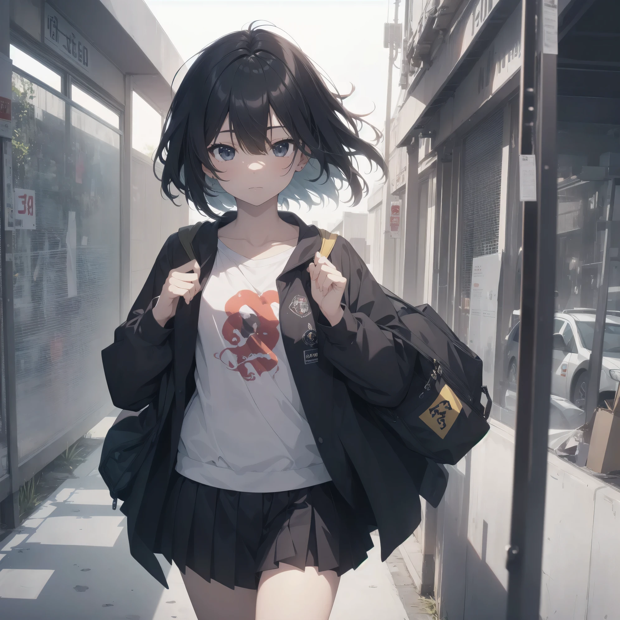 ultra-absurdres-Top quality by artist God, ultra-detailed, high resolution, anime moe artstyle, best anime 8k konachan wallpaper, pixiv contest winner,pool:2810, perfect anatomy,break, 1girl, (Please draw a girl walking sleepily to school alone. )break,(Solo,little female, 13-year-old:1.3),Full limbs, complete fingers,a junior high school student, (very short hair), short cut, flat chest, , small butt, small black eyes, beautiful detailed eyes, well-proportioned iris and pupils, expressive eyes, highres detailed hair, soft expression, school_uniform, official_alternate_costume, pleated skirt,(Detailed Lighting), (Detailed background), in the School commute route. break,super detailed skin, Best cinematic lighting powered by famous artist, 8k,beauty illustration,photoshop_(medium),very aesthetic,break,((artist:yaegashi_nan )), artist:akinashi yuu ,artist:oyari ashito ,artist:kantoku ,