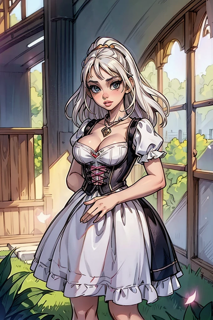 1girl, (Anya Taylor-Joy:1.2), realistic, photorealistic, graphic novel, impossible clothes, thick lips, full lips, big lips, (surprised:1.2), (shocked:1.2), [blonde hair|silver hair], two-tone hair, shiny hair, sunbeam, god-rays, bursting breasts, ambient light, rim-light, rimlighting, backlighting, realistic, (photorealistic:1.1), (lineart:0.8) irndl, a woman in traditional bavarian dress Standing poses for a picture , german woman, wearing a dirndl, Anya-Taylor-Joy
