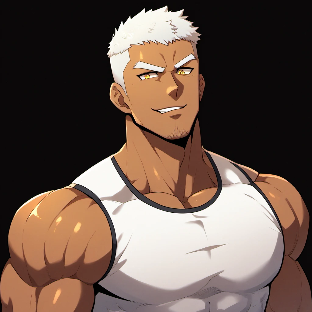 anime characters：Gyee, Fitness coach, Chocolate skin, 1 muscular tough guy, Manliness, male focus, Cream White Sleeveless Tight T-Shirt, Very tight, The pectoral muscles are oversized, Slightly transparent, muscular male, muscular, only, Upper body, alone, White short hair, Thick eyebrows, stubble, Yellow eyes, Black background, simple background, amazing quality, best aesthetics, Ridiculous, bright pupils, crew cut, parted lips, seductive smile, torogao, naughty face, drop shadow, best quality