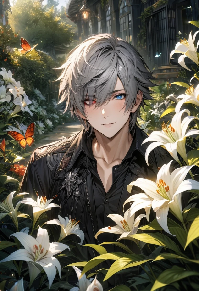 absurdres, highres, ultra detailed, HDR, masterpiece, Yozora, spiky grey hair, heterochromia, left eye red, right eye blue, Final Fantasy xv, 1man, handsome, garden, white lilies, petals, butterflies