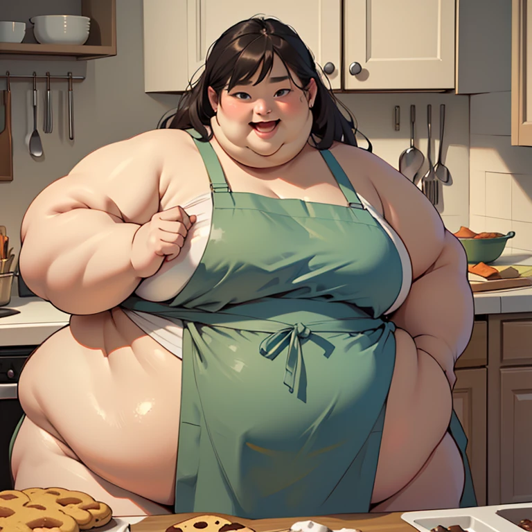 (masterpiece, best quality, highres, detailed, realistic:1.2), young asian woman, USSBBW, (morbidly obese:1.4), (fatblob:1.4), detailed face, beautiful face, high aesthetic, (enthusiastic expression:1.2), cute smile, nude, apron, messy kitchen, making cookies